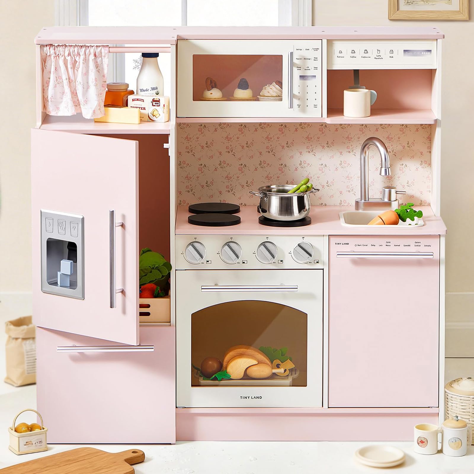 Wooden Play Kitchen Set with Complete Play Areas for Kids Ages 3+