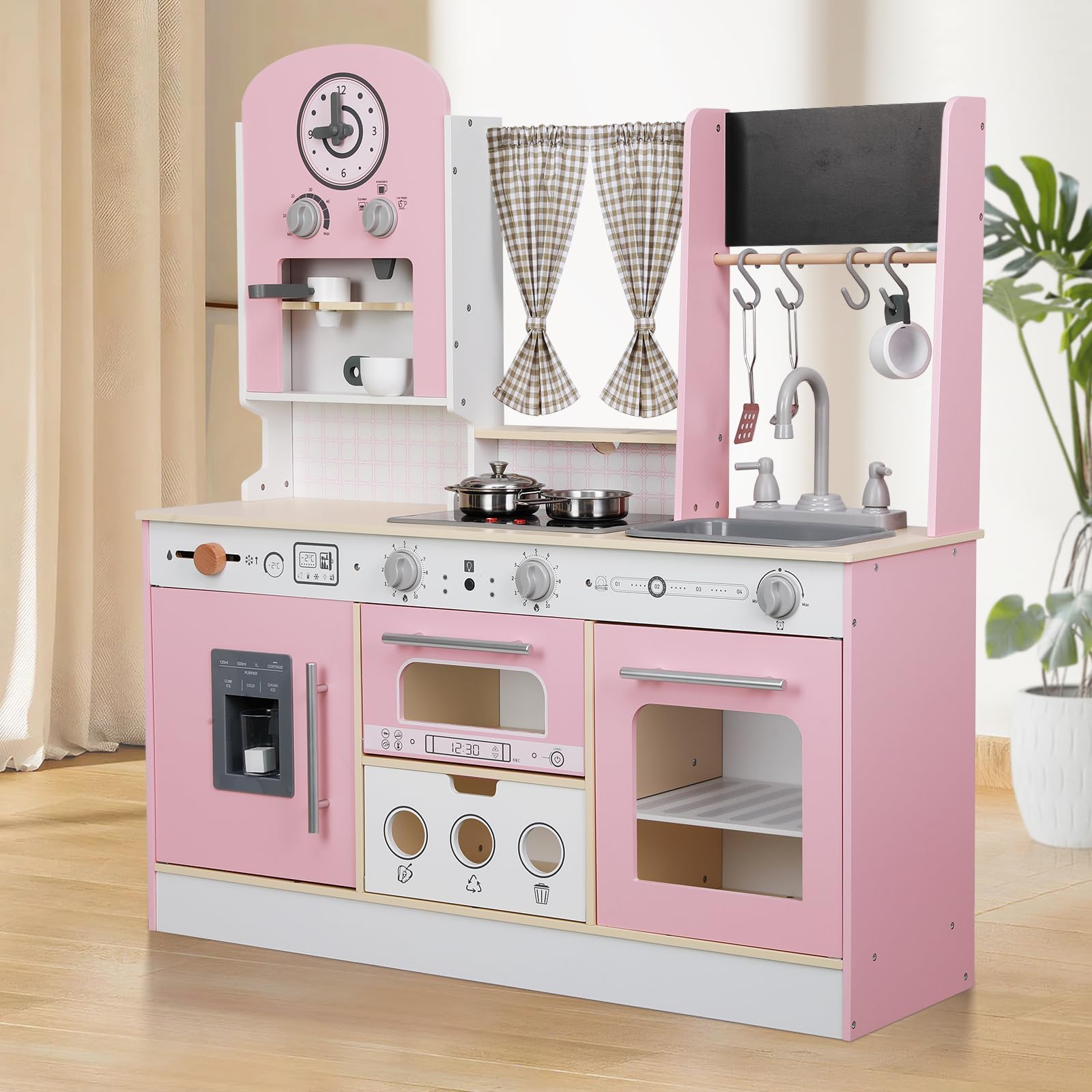 EDUBEBO Kids Kitchen playset, Wooden Play Kitchen, Height Adjustable, Comes with Various Kitchen Accessories, Ideal Role Play Toy Gift for Toddlers and Kids Ages 3-8 (Pink)