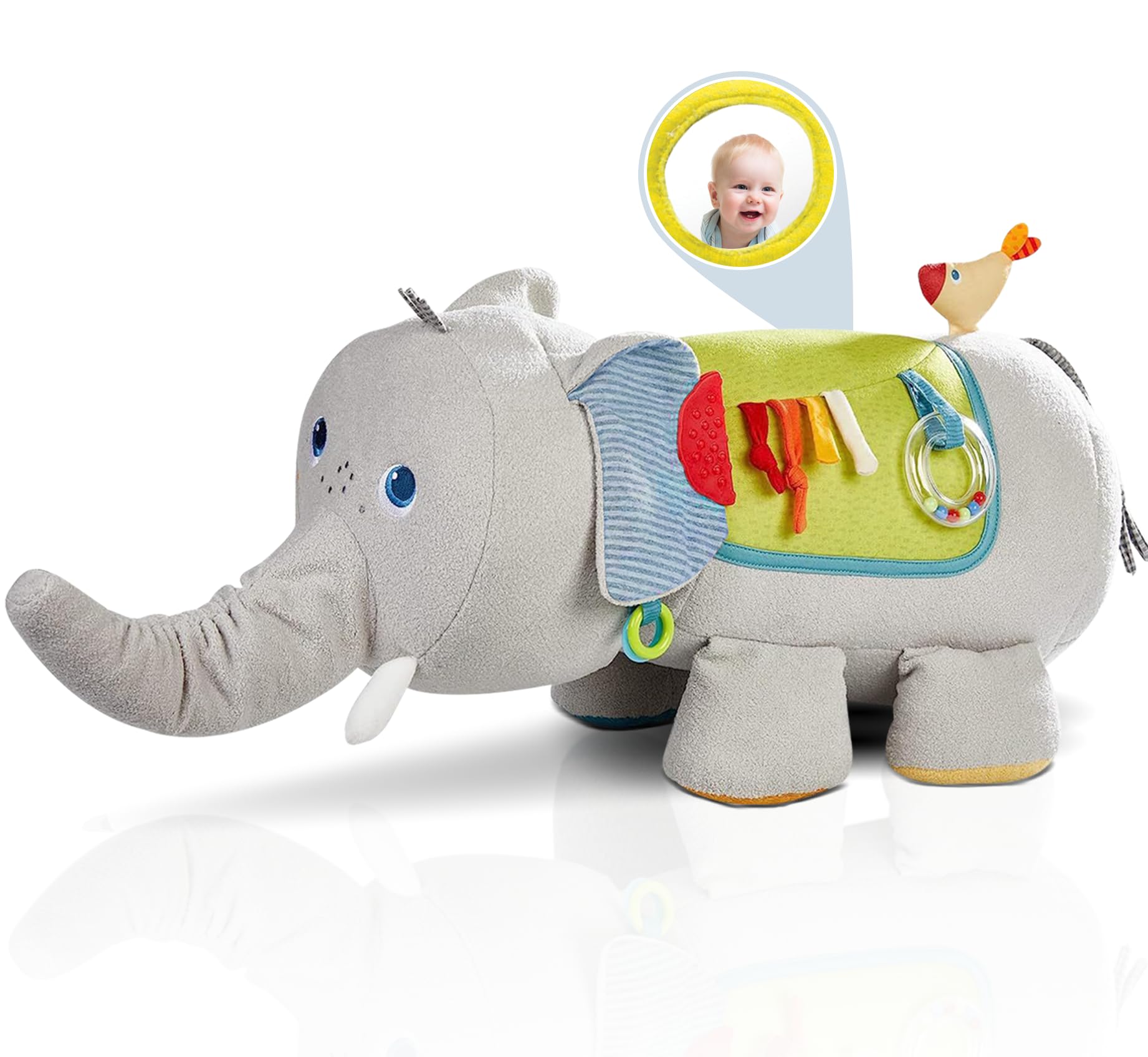 Large Plush Elephant Activity Toy | Colorful, Teething Ring, Rattles