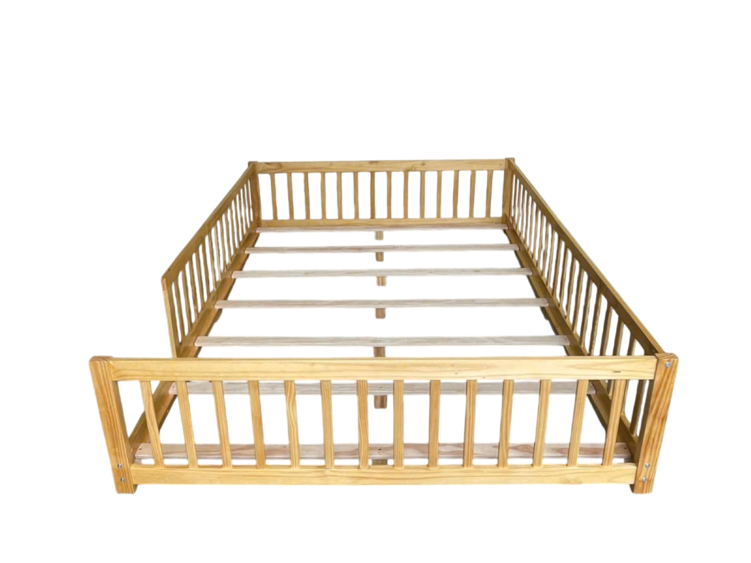 Queen Size Montessori Floor Bed with Guardrails and Wood Slats Support f