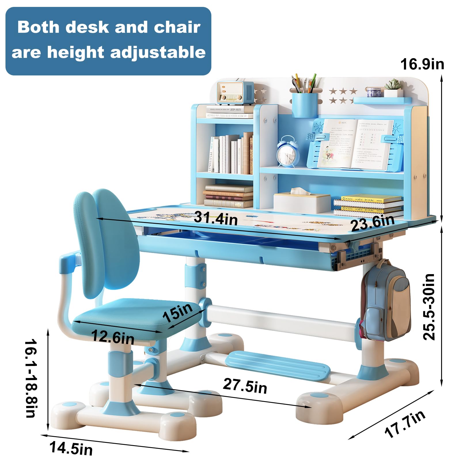 Height Adjustable Kids Study Desk and Chair Set