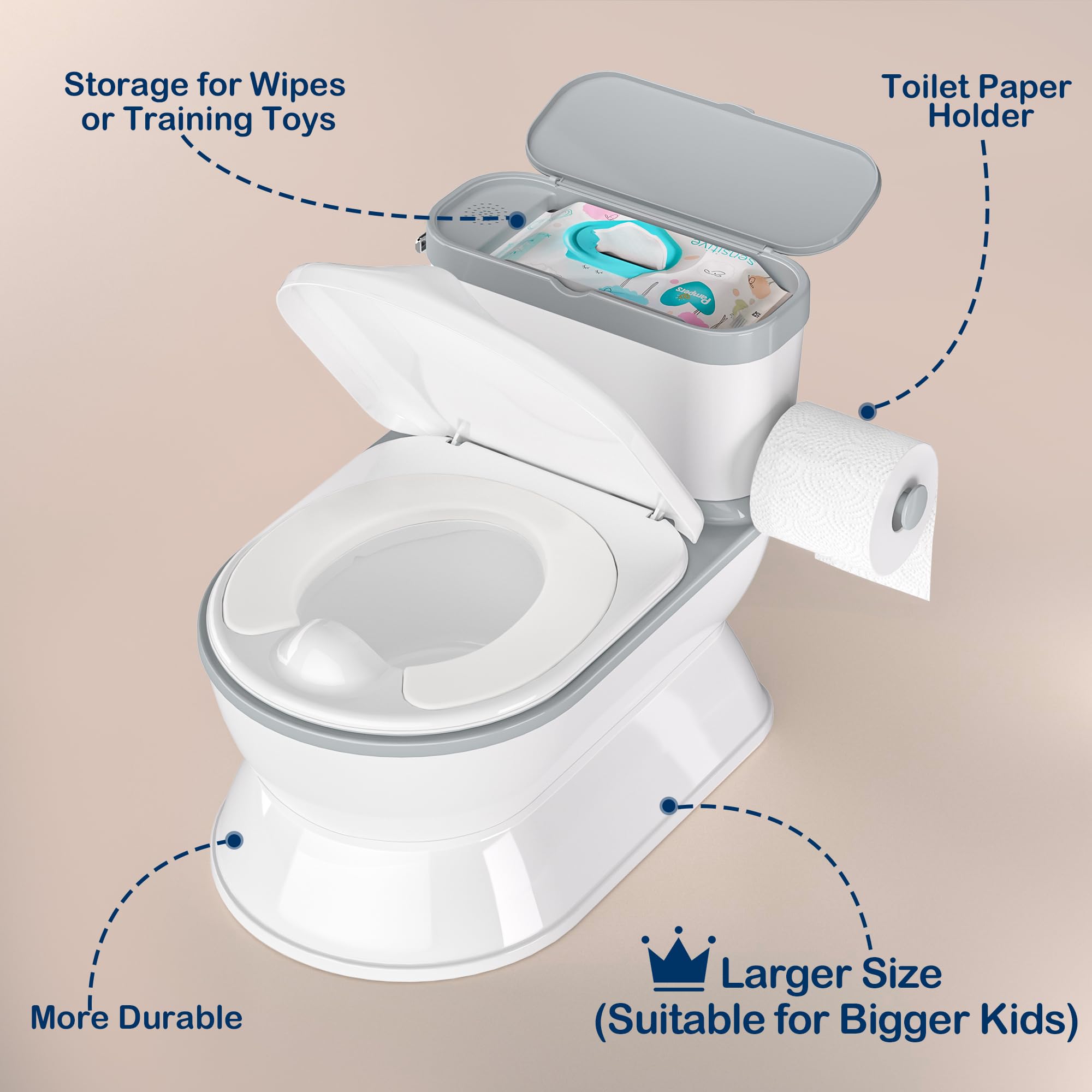 CheerTry 2-in-1 Toddler Potty Training Toilet - Larger Potty Chair & Detachable Training Seat for Boys & Girls Ages 1-3 with Flushing Sound, Wipes Storage, Toilet Paper Holder - Grey