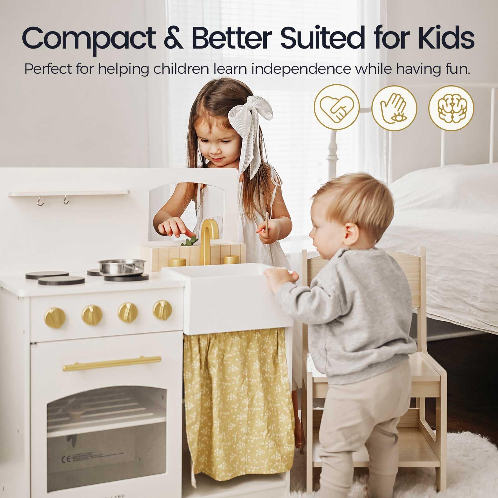 Wooden Play Kitchen for Toddlers with Cutting Food and Cookware