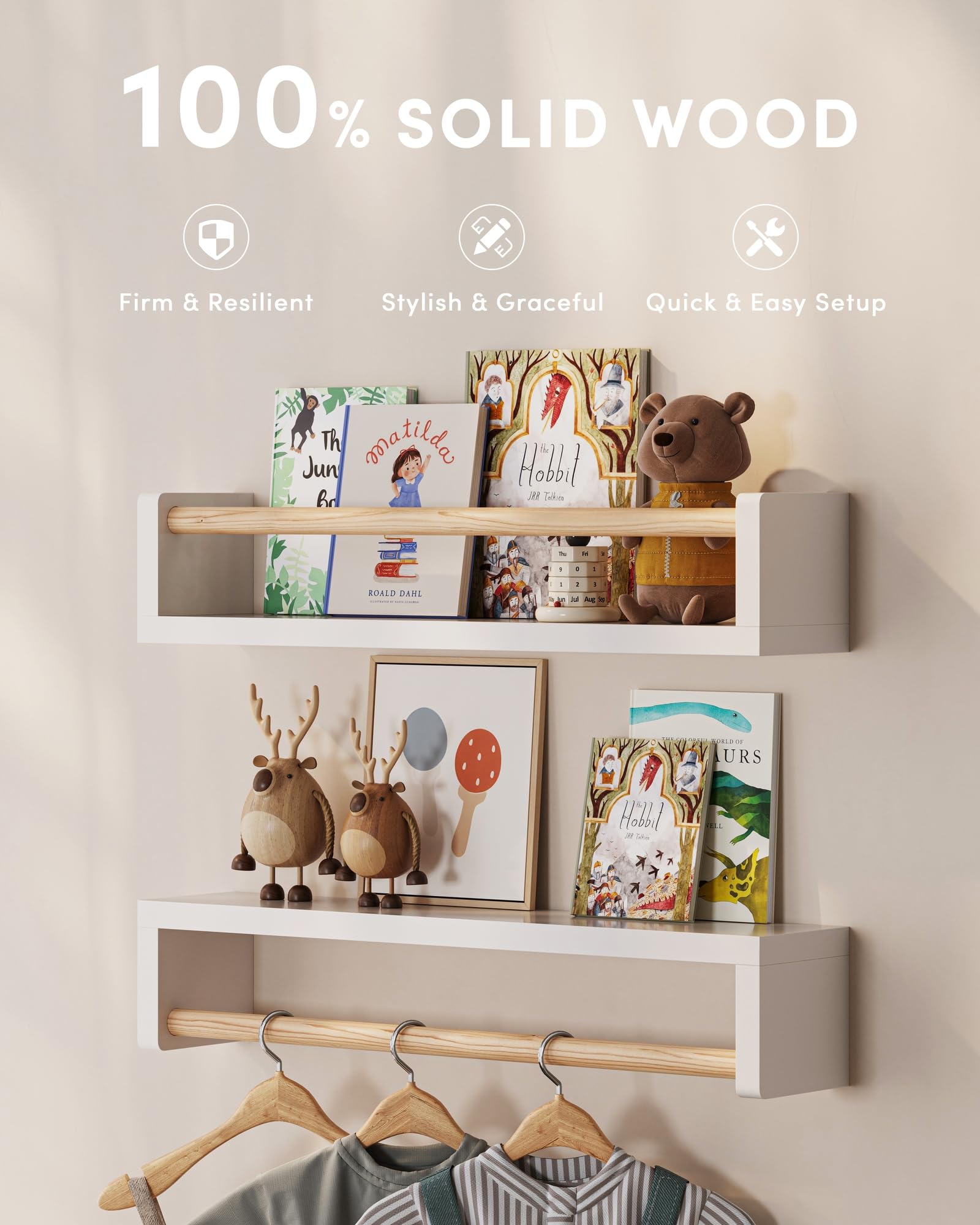Nursery Wall Bookshelf Set of 3 Floating Shelves for Kids Room