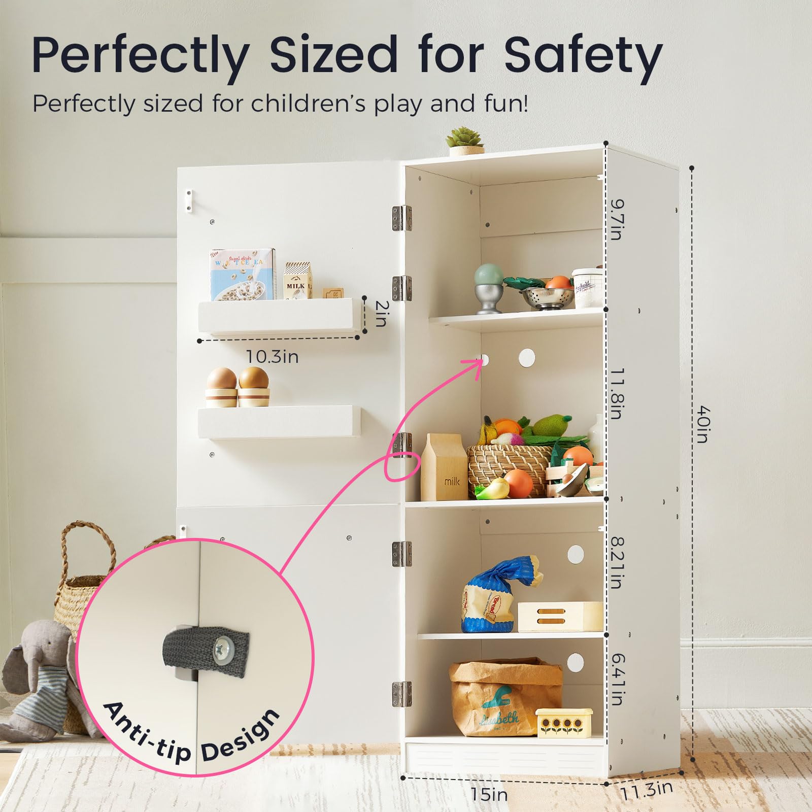 Tiny Land Wooden Toy Fridge with Spacious Storage, Realistic Play Kitchen Refrigerator for Kids’ Pretend Play with Three Freezer Magnets