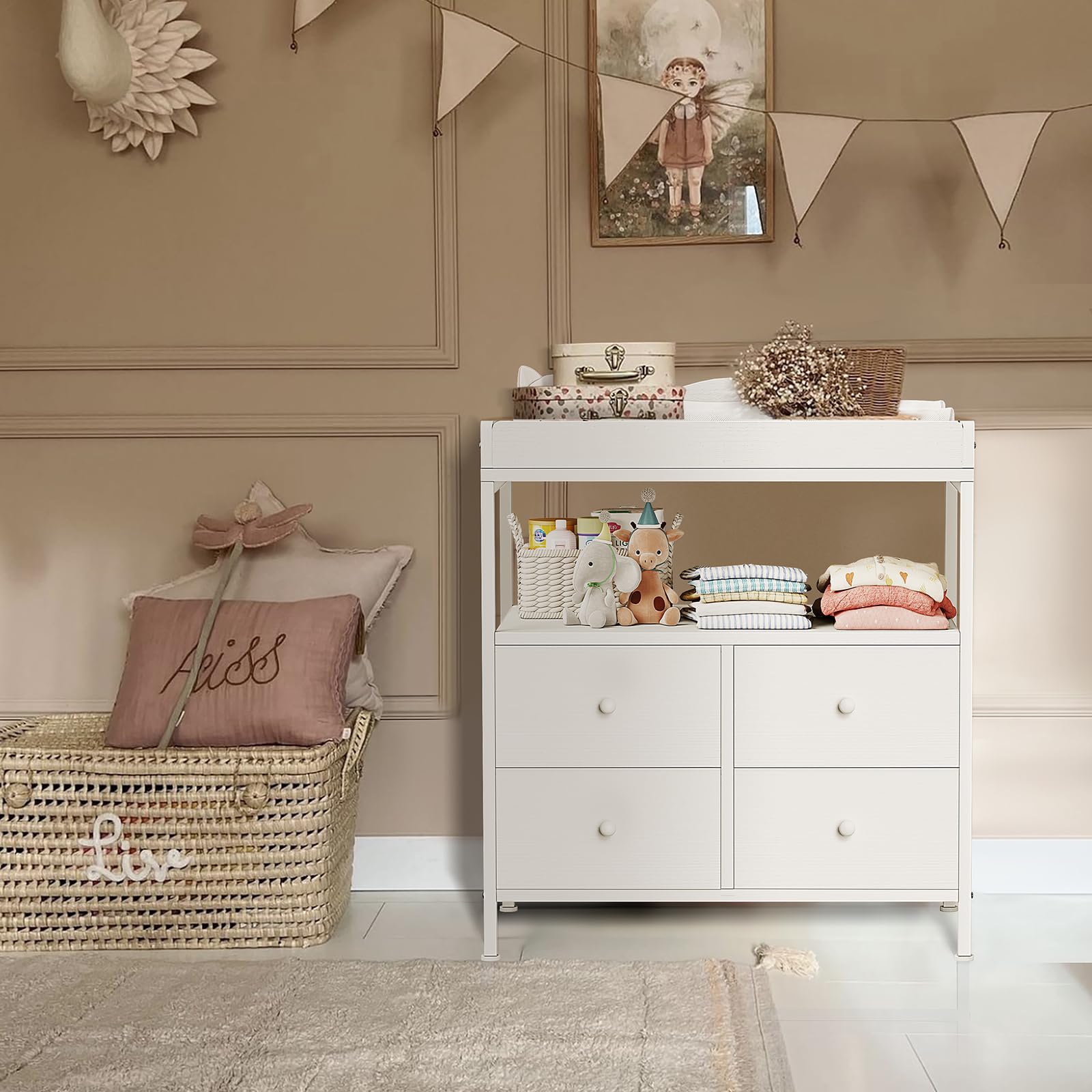 Changing Table Dresser with Fabric Drawers and Open Shelf