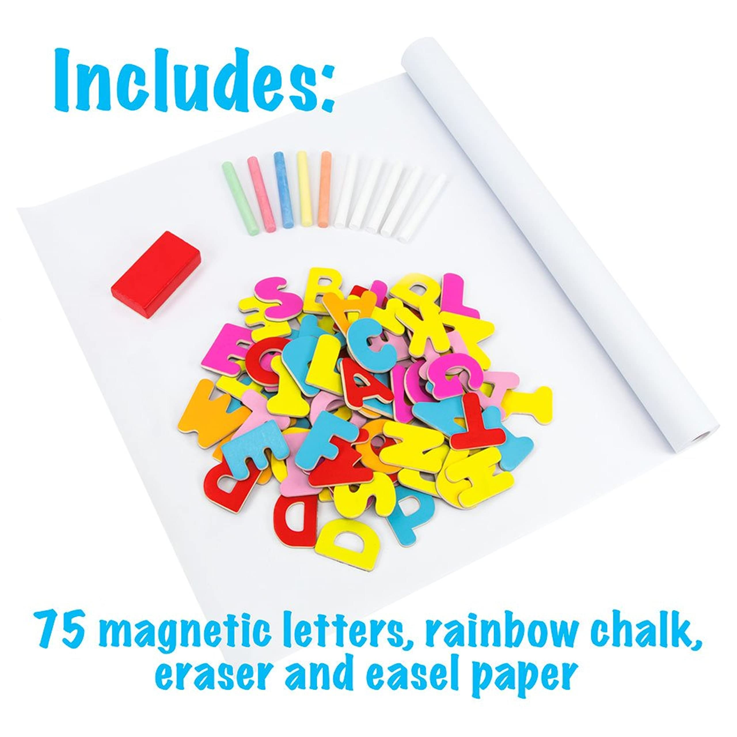 Little Artists 3-in-1 Standing Easel | Includes 75 Magnetic Letters, Rainbow Chalk, Eraser, and Easel Paper | Wooden Wonders Kids Creative Art Drawing Board | Art Class and School Teacher Activity