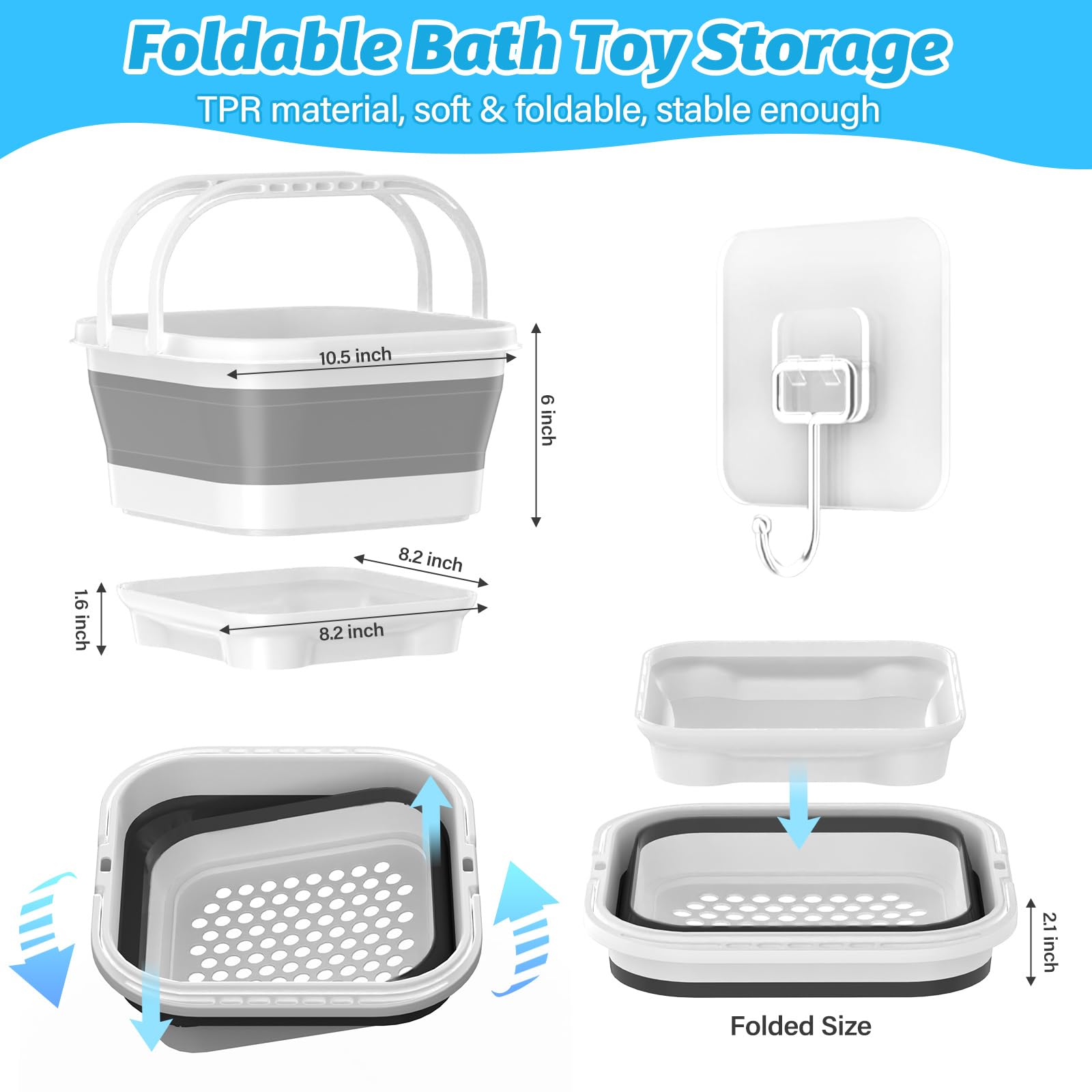 Foldable Bath Toy Storage Organizer with Drain Base Gray