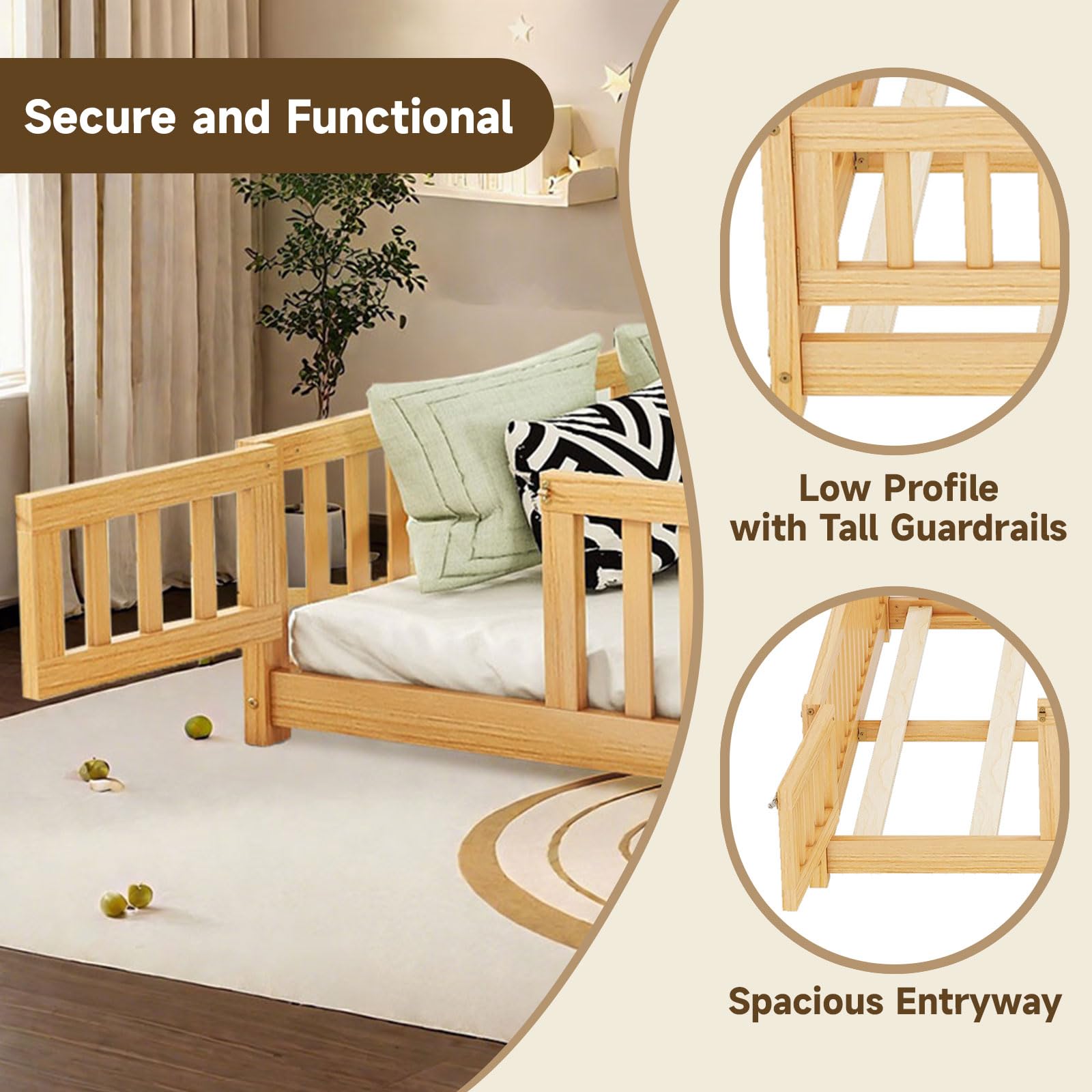 Queen Montessori Floor Bed with Rails and Door