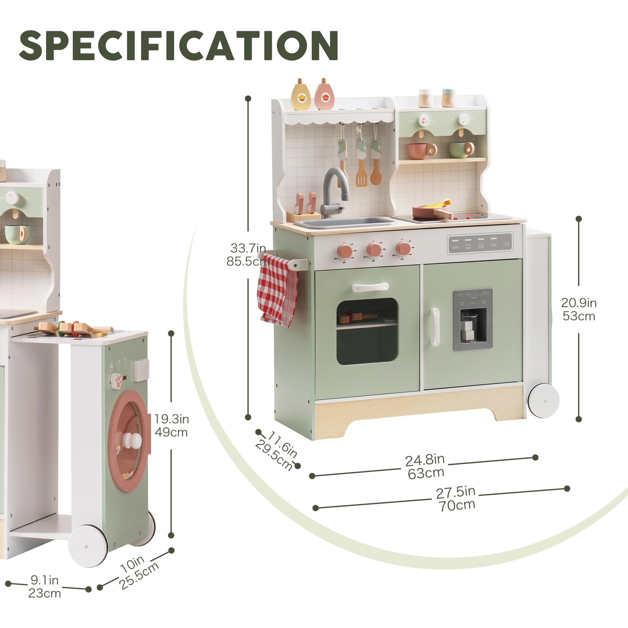 ROBUD Wooden Play Kitchen Set for Kids Toddlers, Pretend Kitchen Playset with BBQ Grill, Ice Maker, Coffee Machine, and Accessories, Toy Kitchen Gift with Lights & Sounds for Girls & Boys, Age 3+