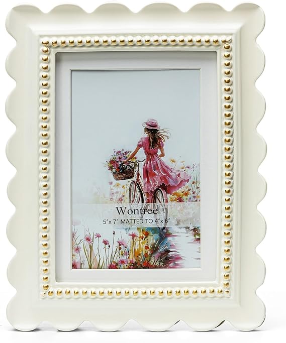 5x7 Picture Frame, Gold Beads & Swirls Against Muted Blue