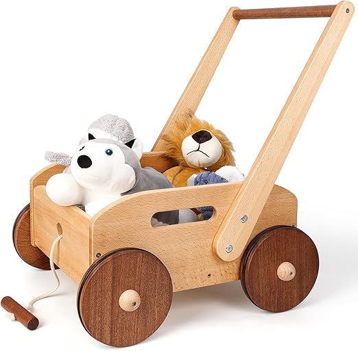 Wooden Baby Walker, Adjustable Speed Anti-Rollover Push Walker Toy for Babies