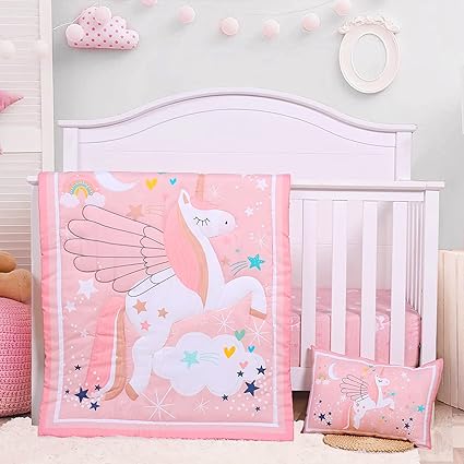 Crib Bedding Set for Girls - Pink Baby Nursery Sets 3 Pieces Quilt Comforter