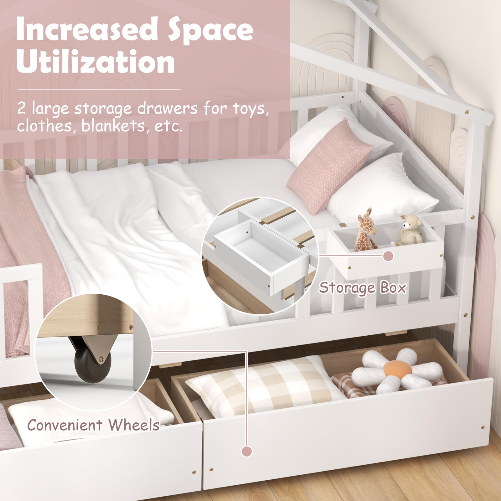 Twin House Bed with Storage Drawers and Fence Rails
