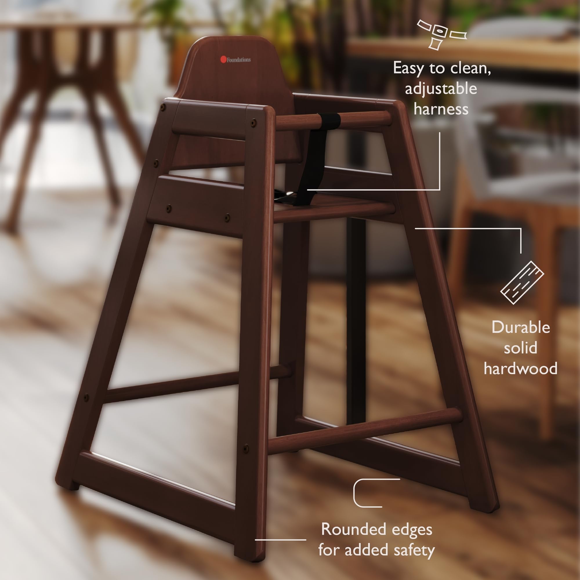 Wood Highchair for Restaurants, Easy to Clean, “No-tip” Feet, 3-point Safety Harness
