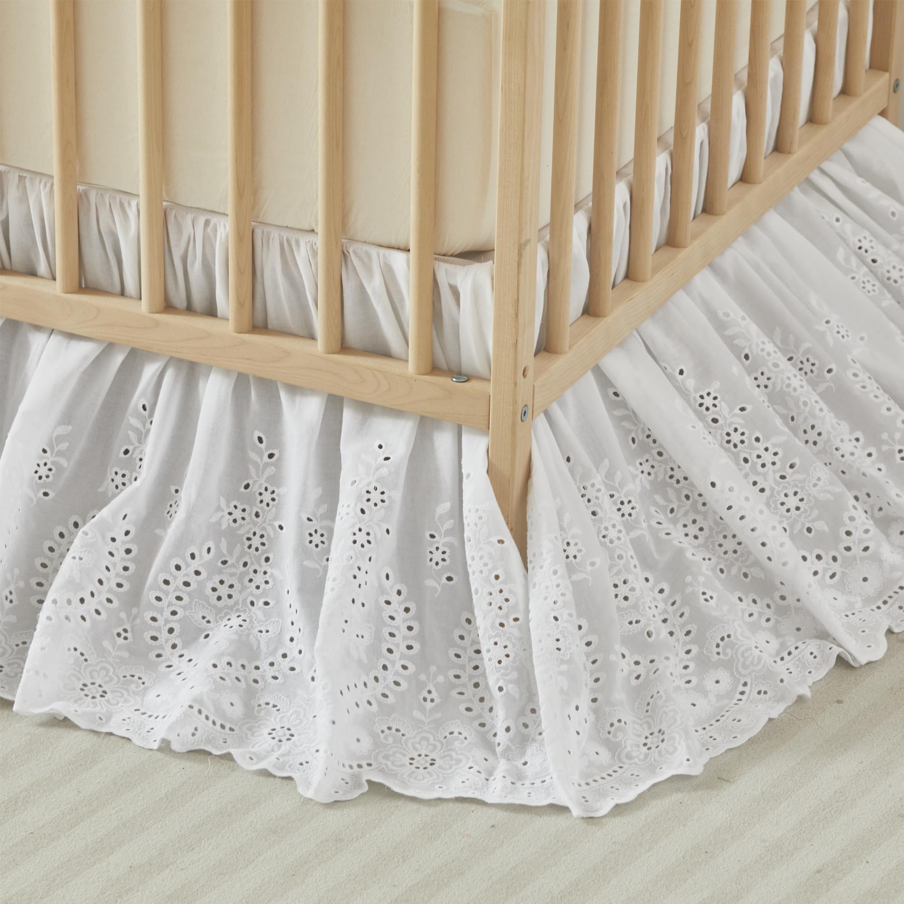 Cotton Lace Crib Bed Skirt with Scalloped Eyelet Ruffles