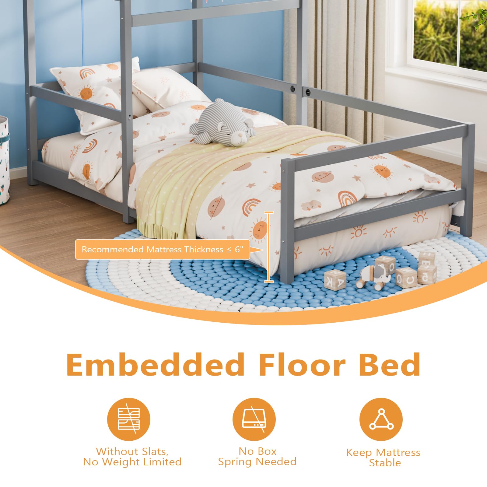 Twin House Floor Bed Frame with Roof and Safety Fence