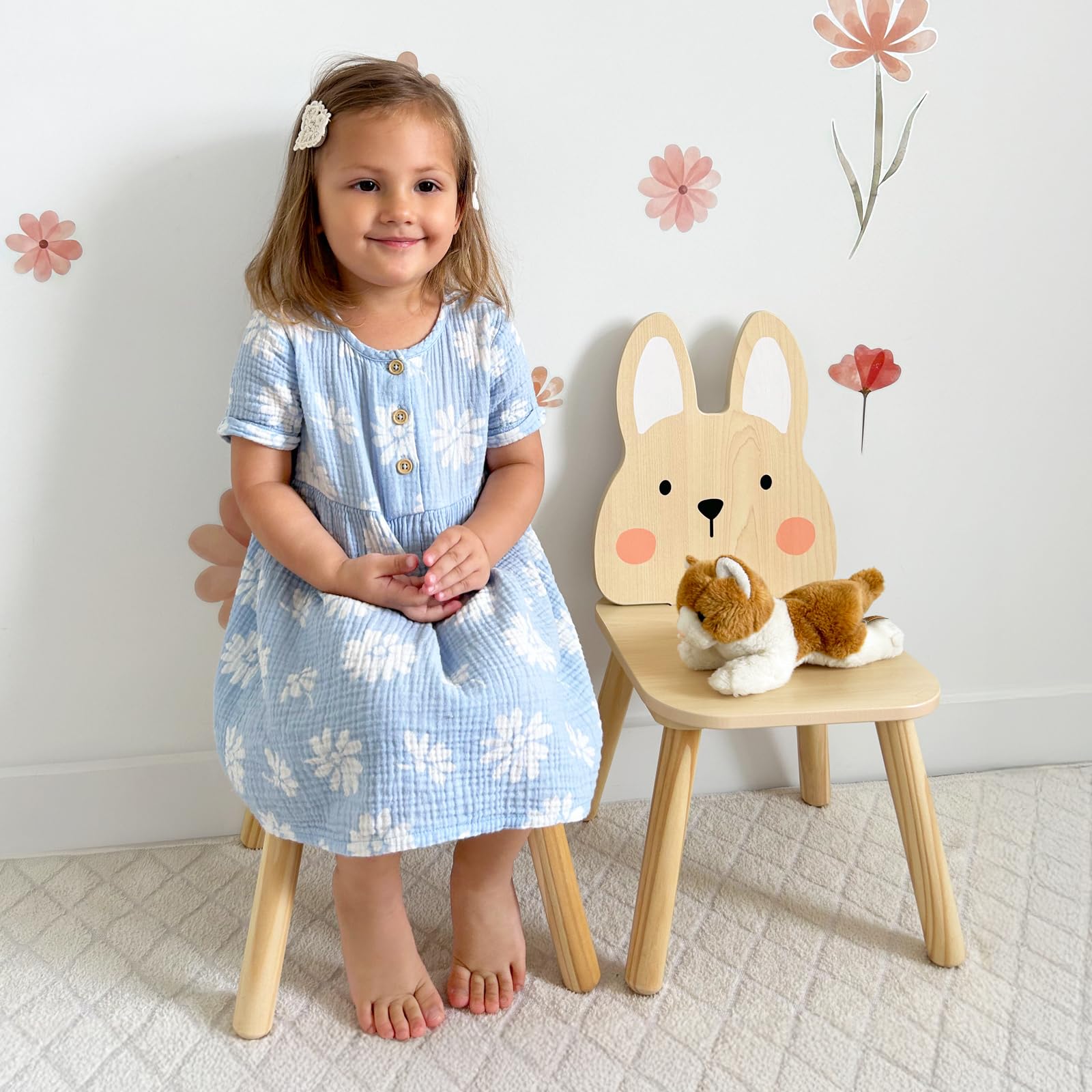 Kids Wooden Animal Chairs Set - Rabbit and Bear Design