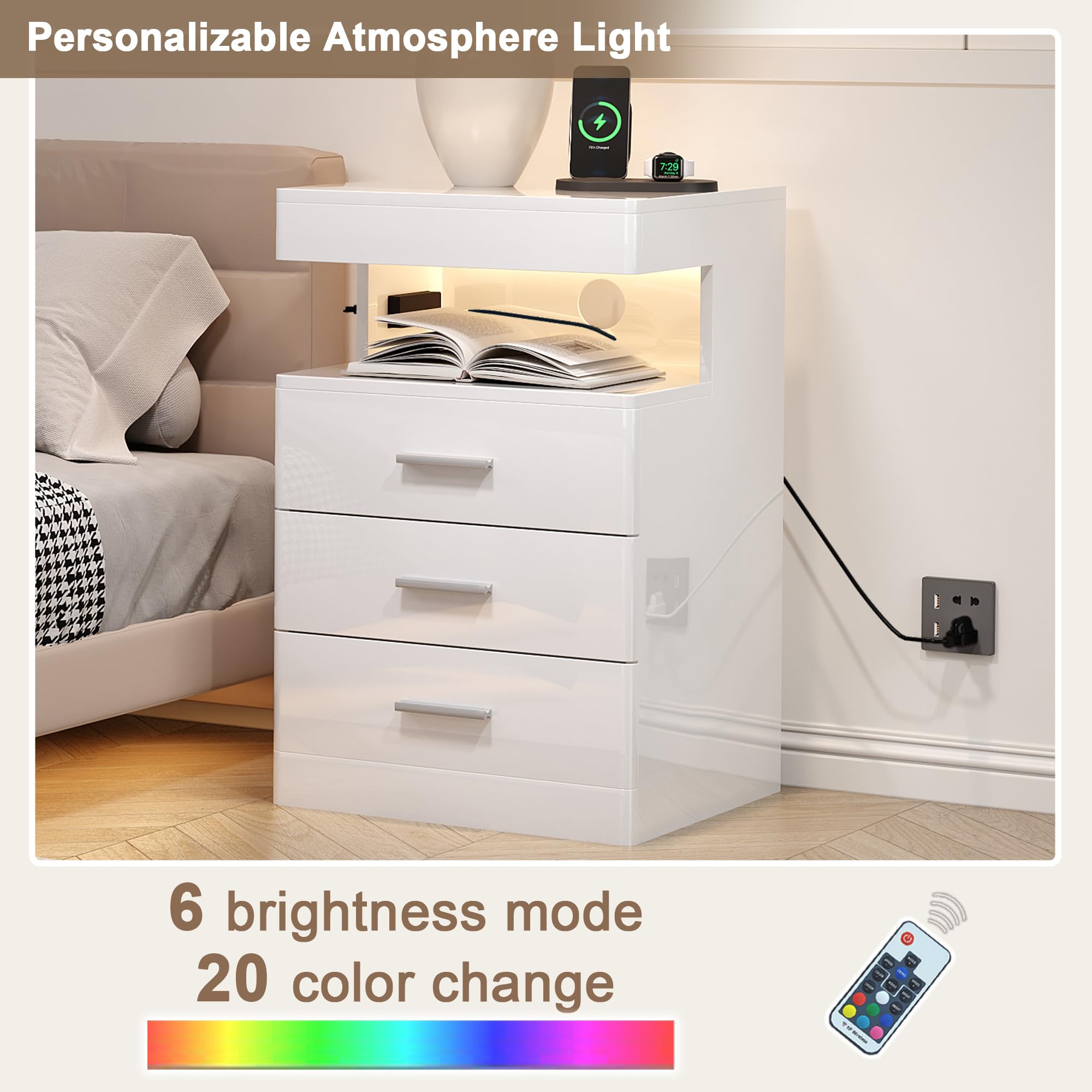 LED Nightstand with Charging Station and Hidden Storage