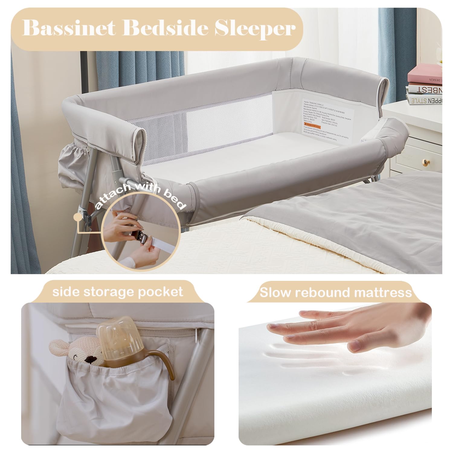 Adjustable Bedside Bassinet with Mosquito Net