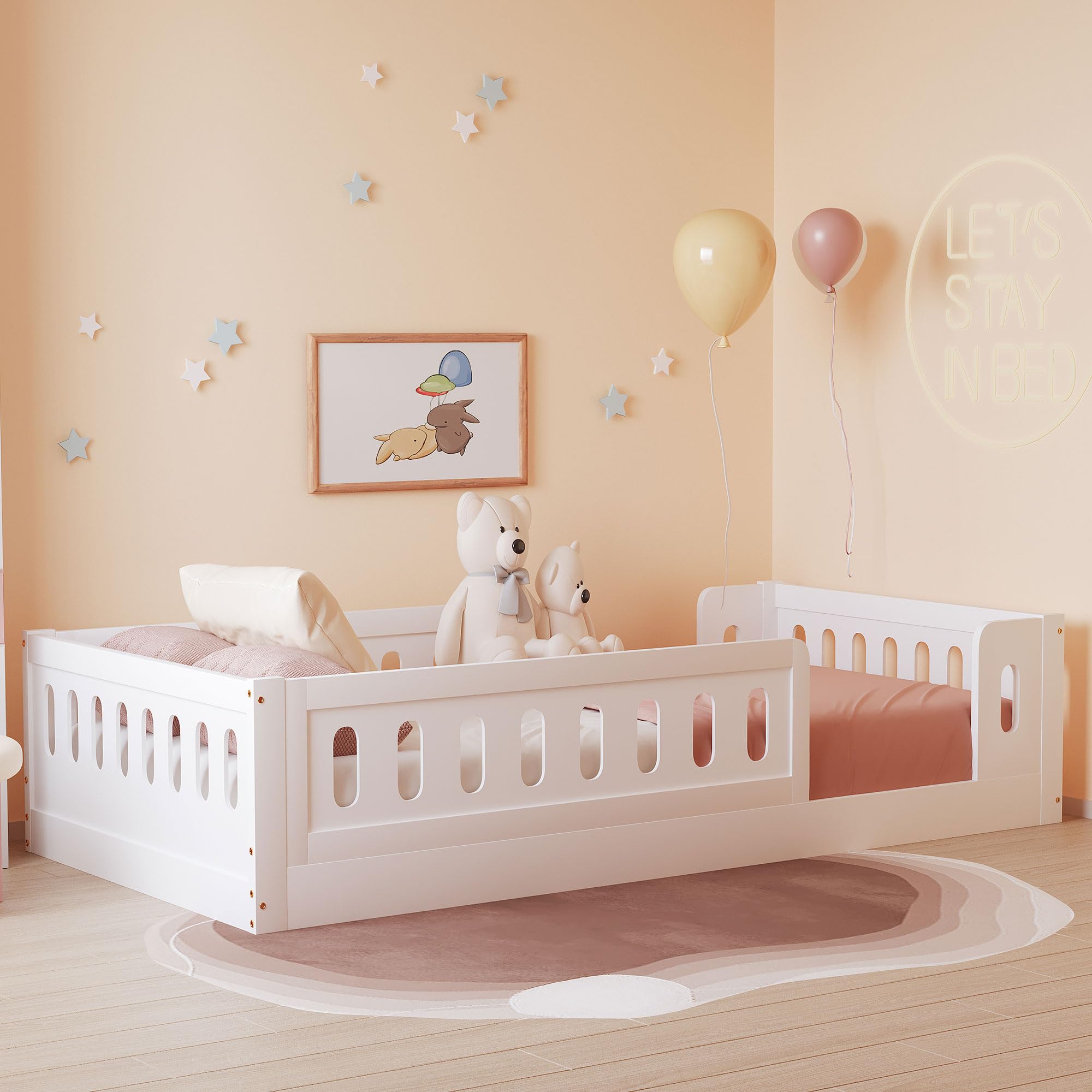 Twin Size Floor Bed Frame with Safety Fence