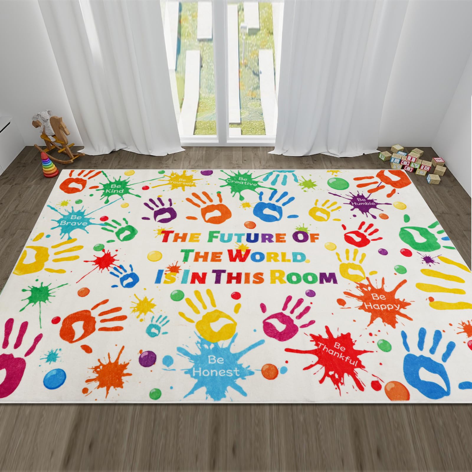 Colorful Kids Handprints Area Rug, Non-Slip Play Mat, Ultra Soft Thick Plush Indoor Rug