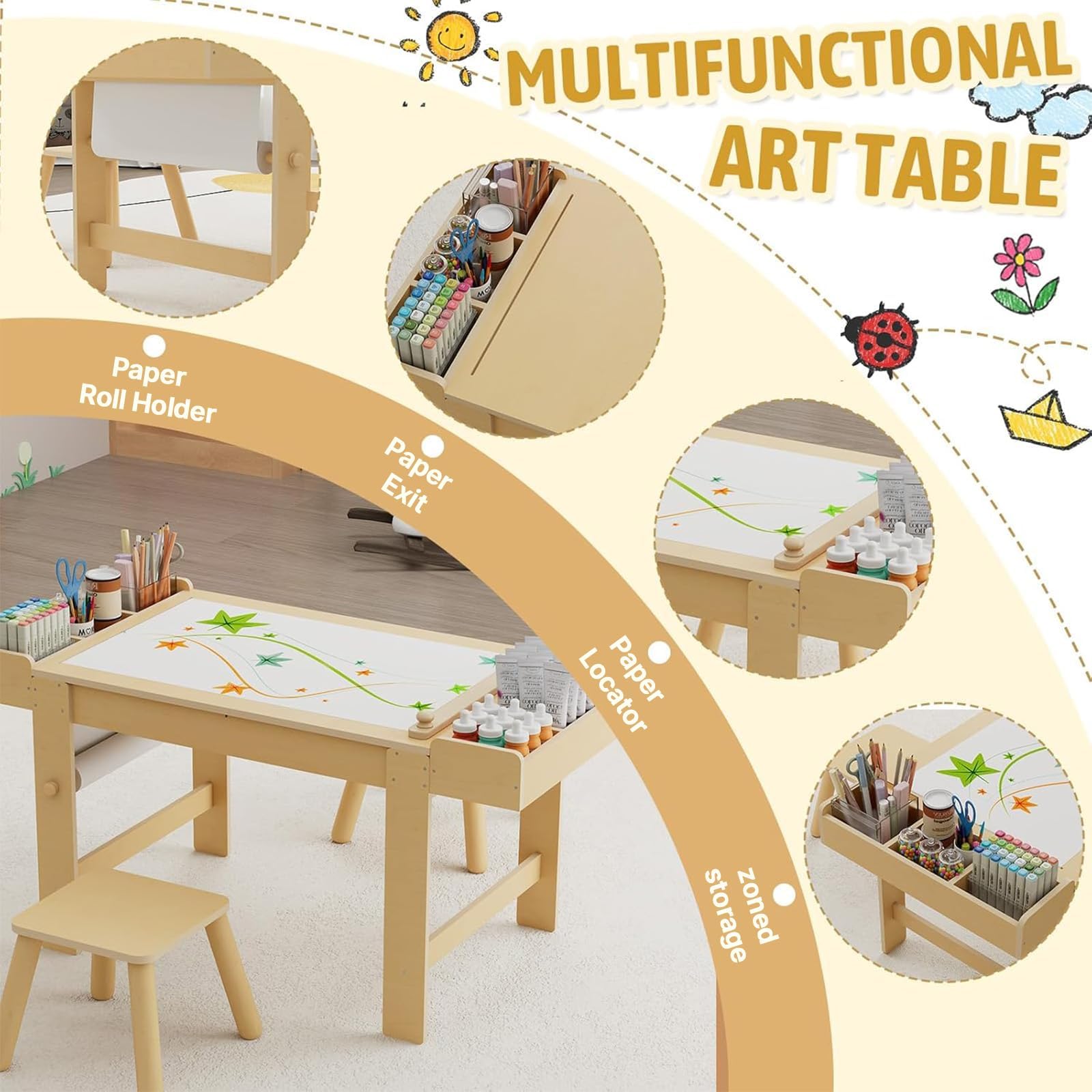 Wooden Kids Art Table and Chairs Set with Storage