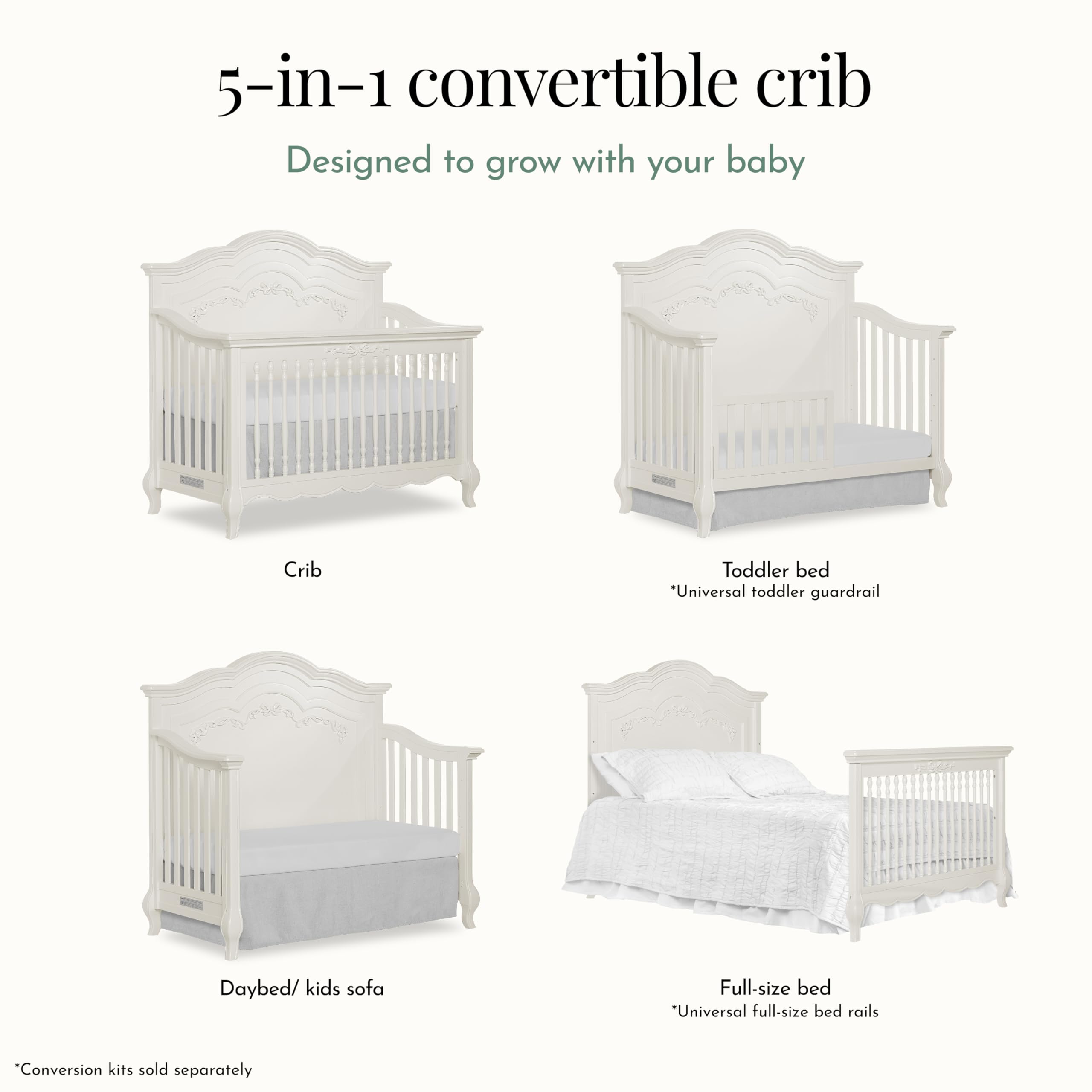 5-in-1 Convertible Baby Crib Ivory Lace