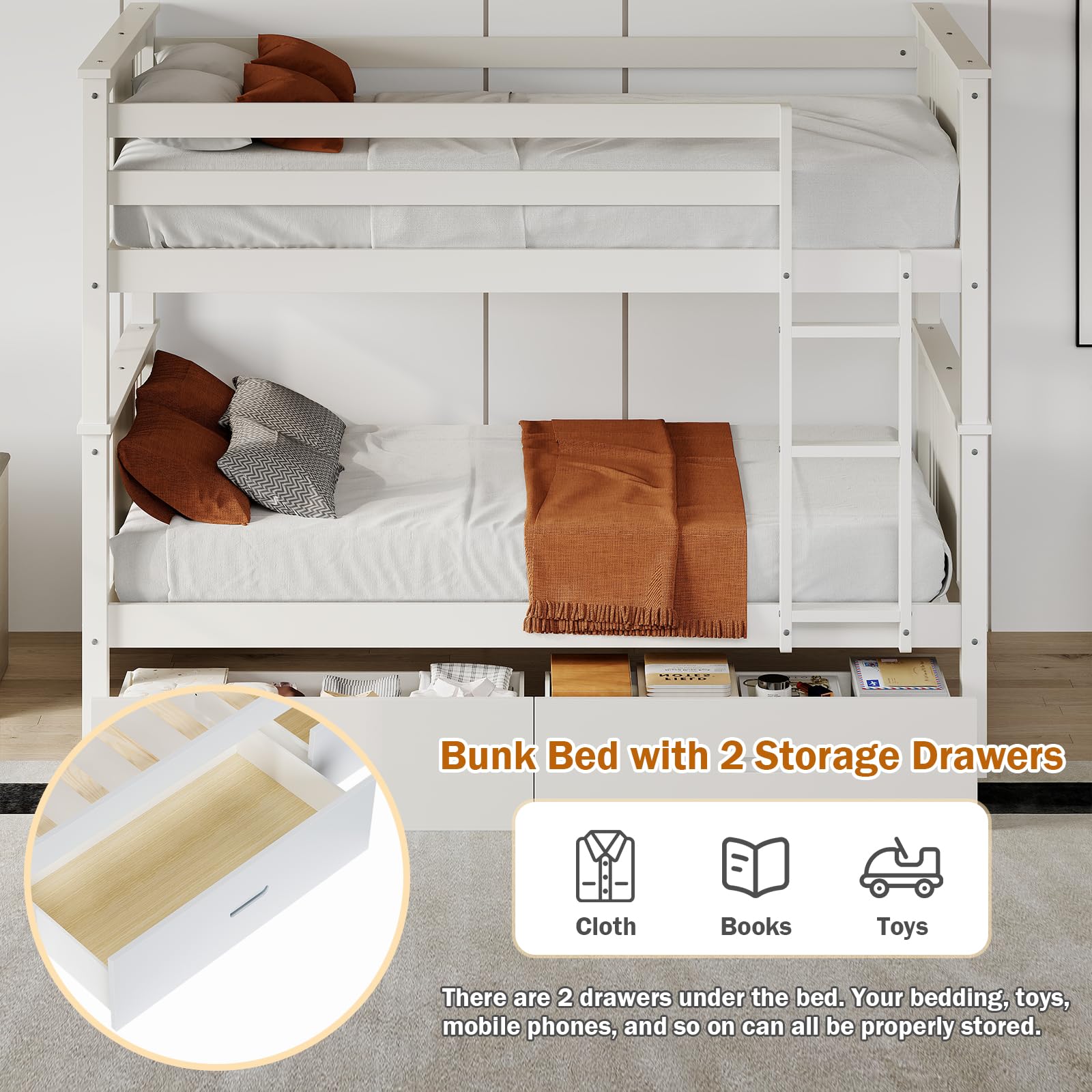 Wood Twin-Over-Twin Bunk Bed with 2 Storage Drawers