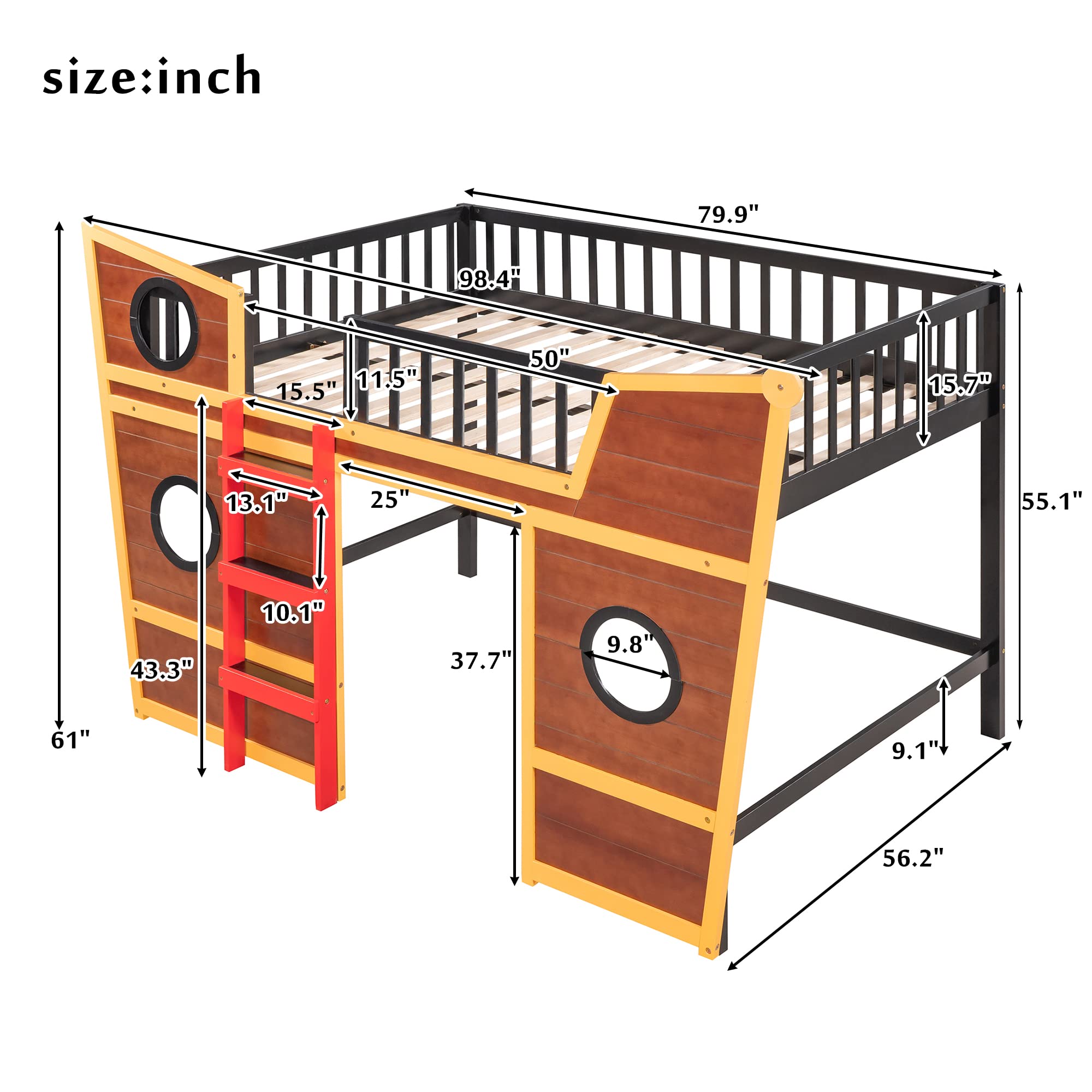 Full Size Low Loft Bed with Boat Design and Safety Rail