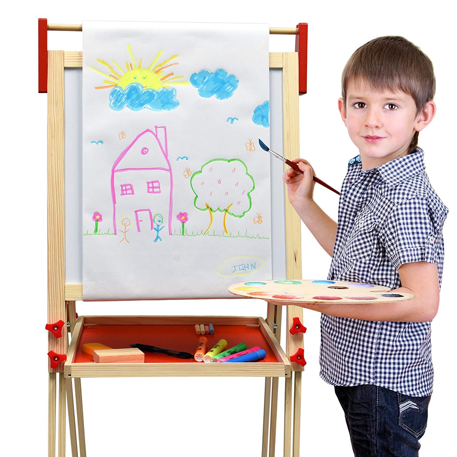 Number 1 in Gadgets Deluxe Standing Art Easel, Dry-Erase Board Chalkboard Magnetic Whiteboard Paper Roll and Accessories, Ultimate All-in-One Wooden Kid's Art Easel
