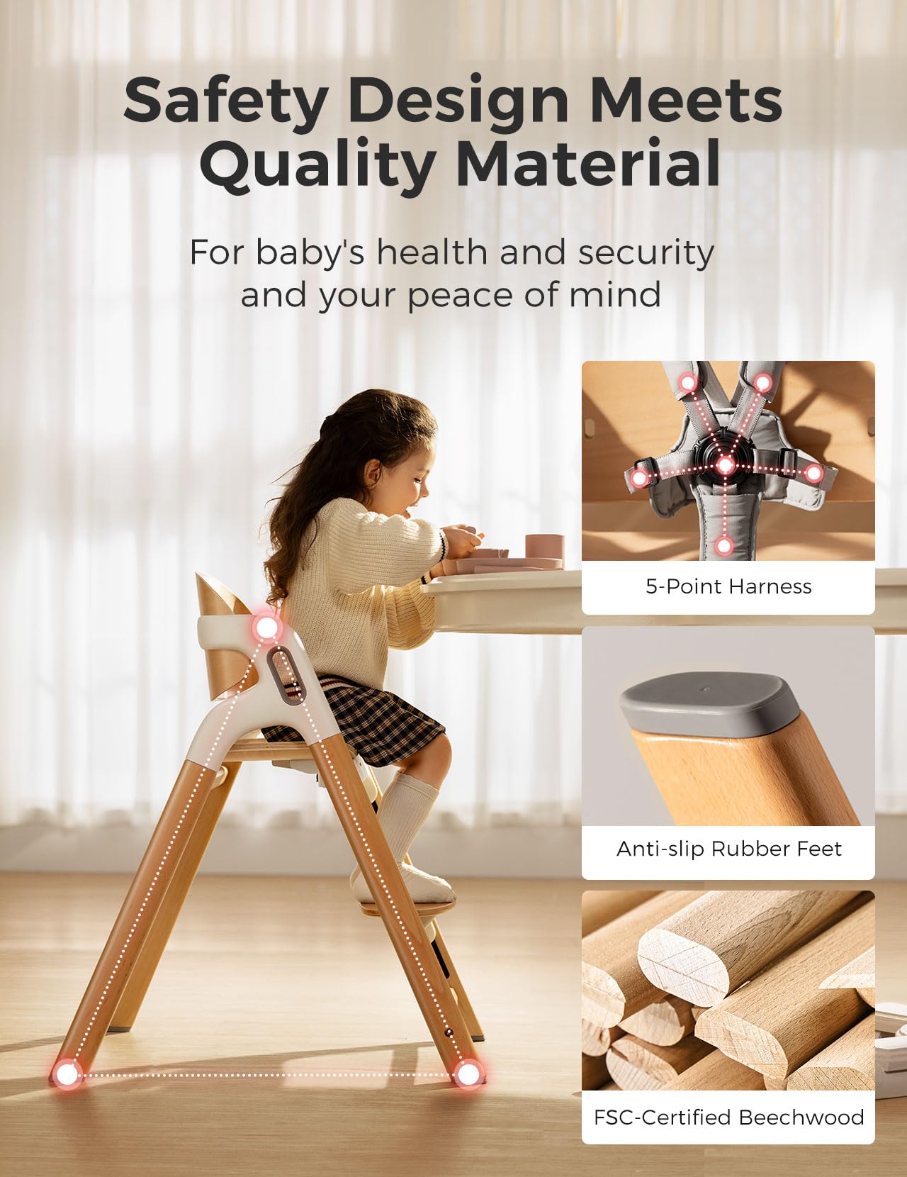 DinerPal Wooden High Chair for Babies, Toddlers & Adults Up to 308 Lbs