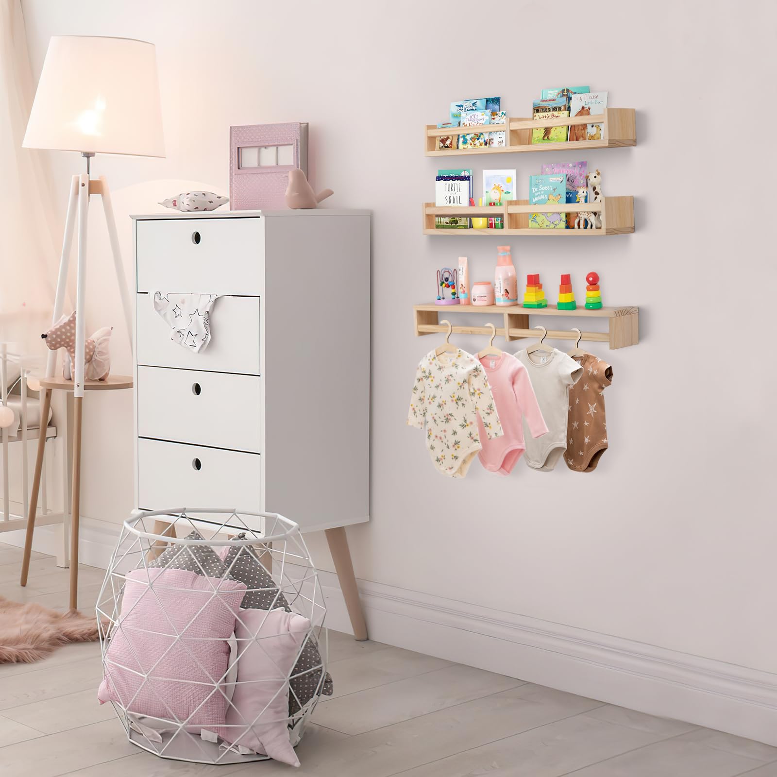 Wall Mounted Nursery Bookshelf Set of 3 Natural Wood