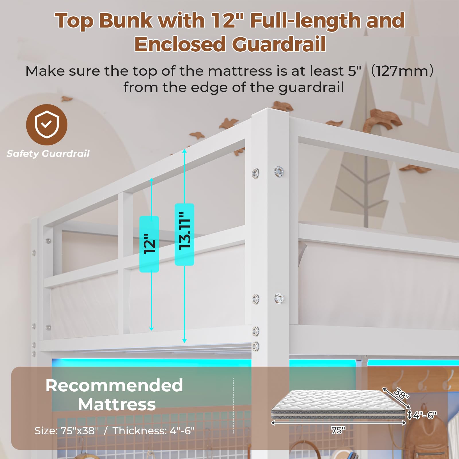 Twin Loft Bed with Desk and LED Lights