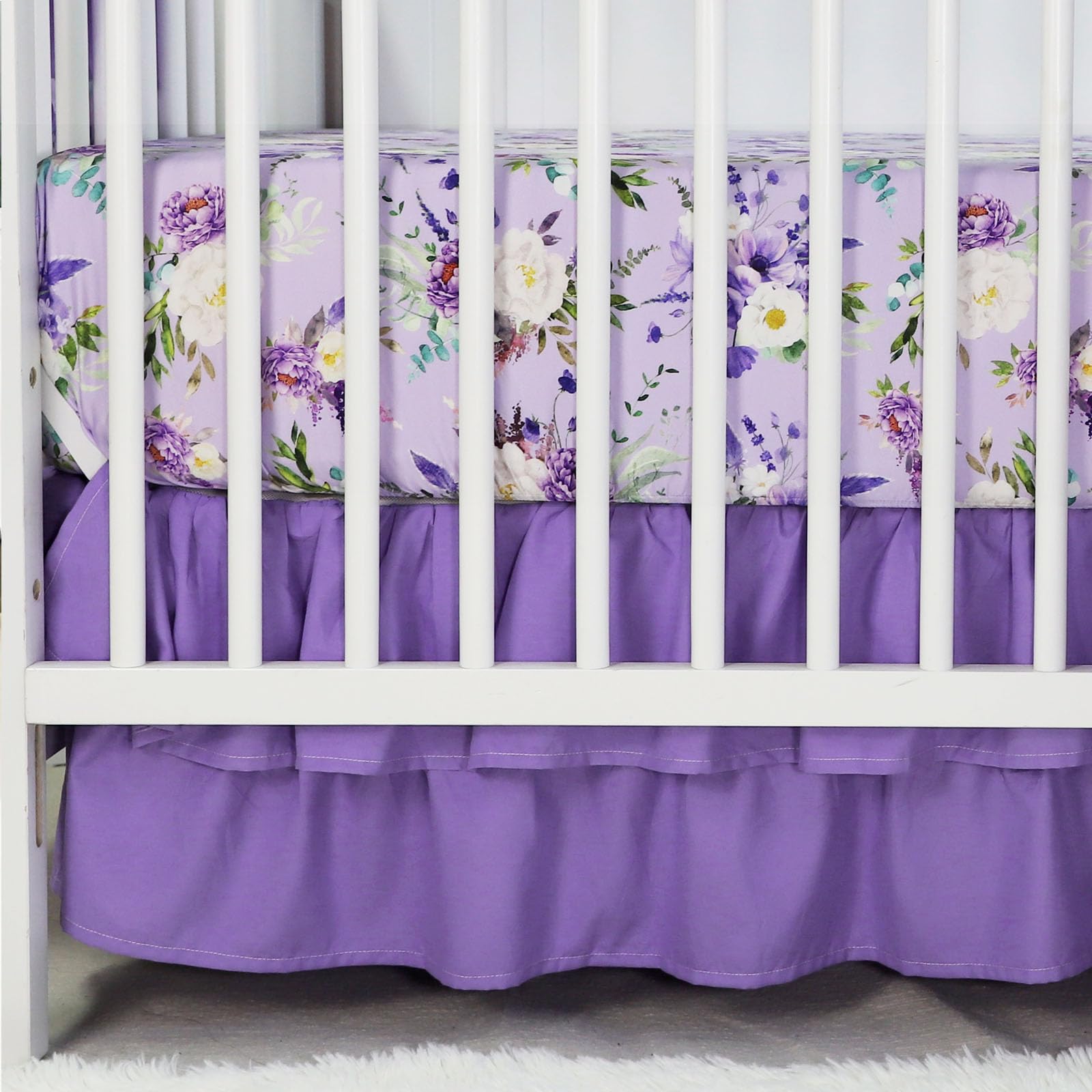 CARUILI Crib Bedding Set for Girls, Purple Baby Crib Bedding Set 4 Piece, Baby Girl Nursery Bedding Set Including Comforter, Fitted Crib Sheet, Crib Skirt, Diaper Stacker, Floral