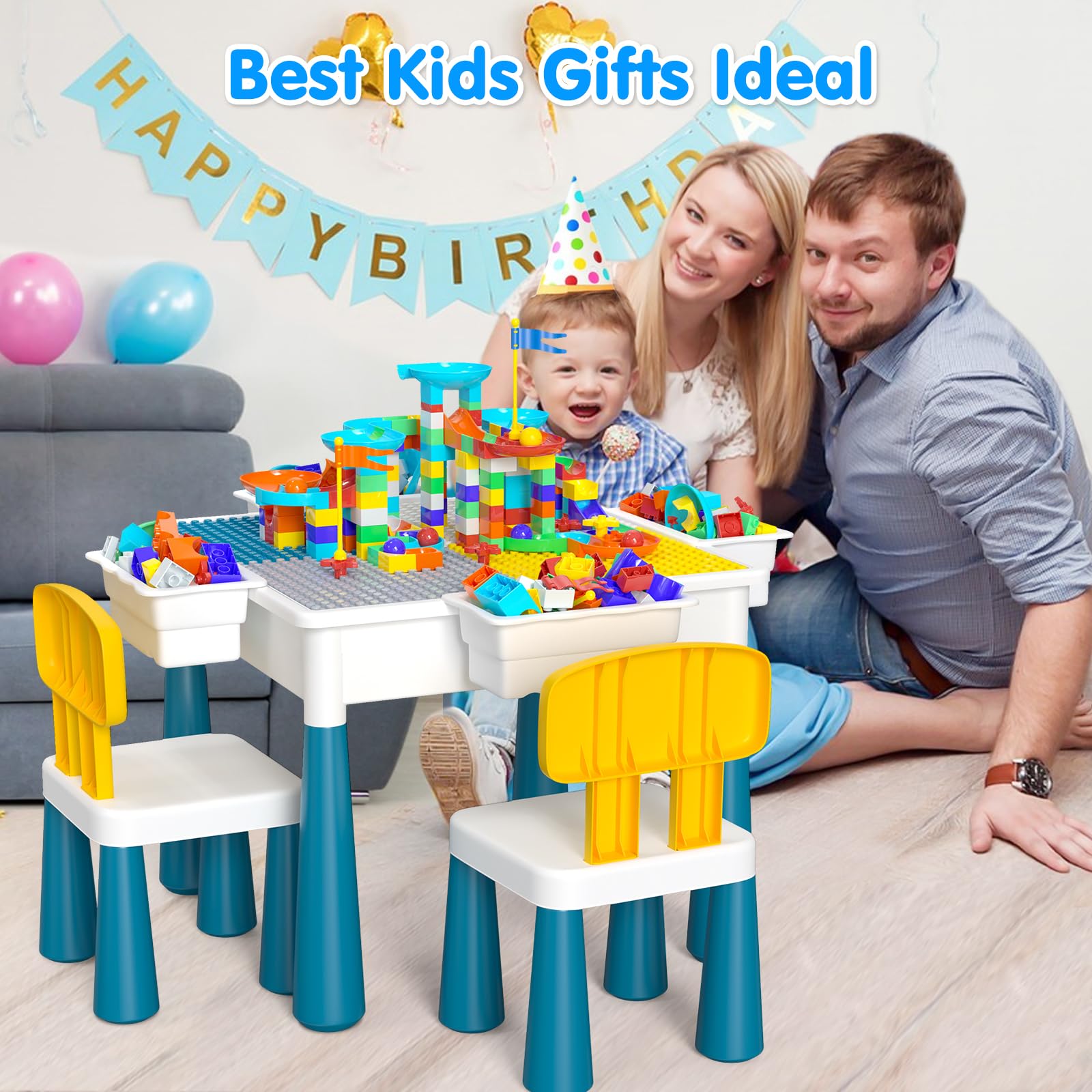 Kids Activity Table with Building Blocks and Chairs Set