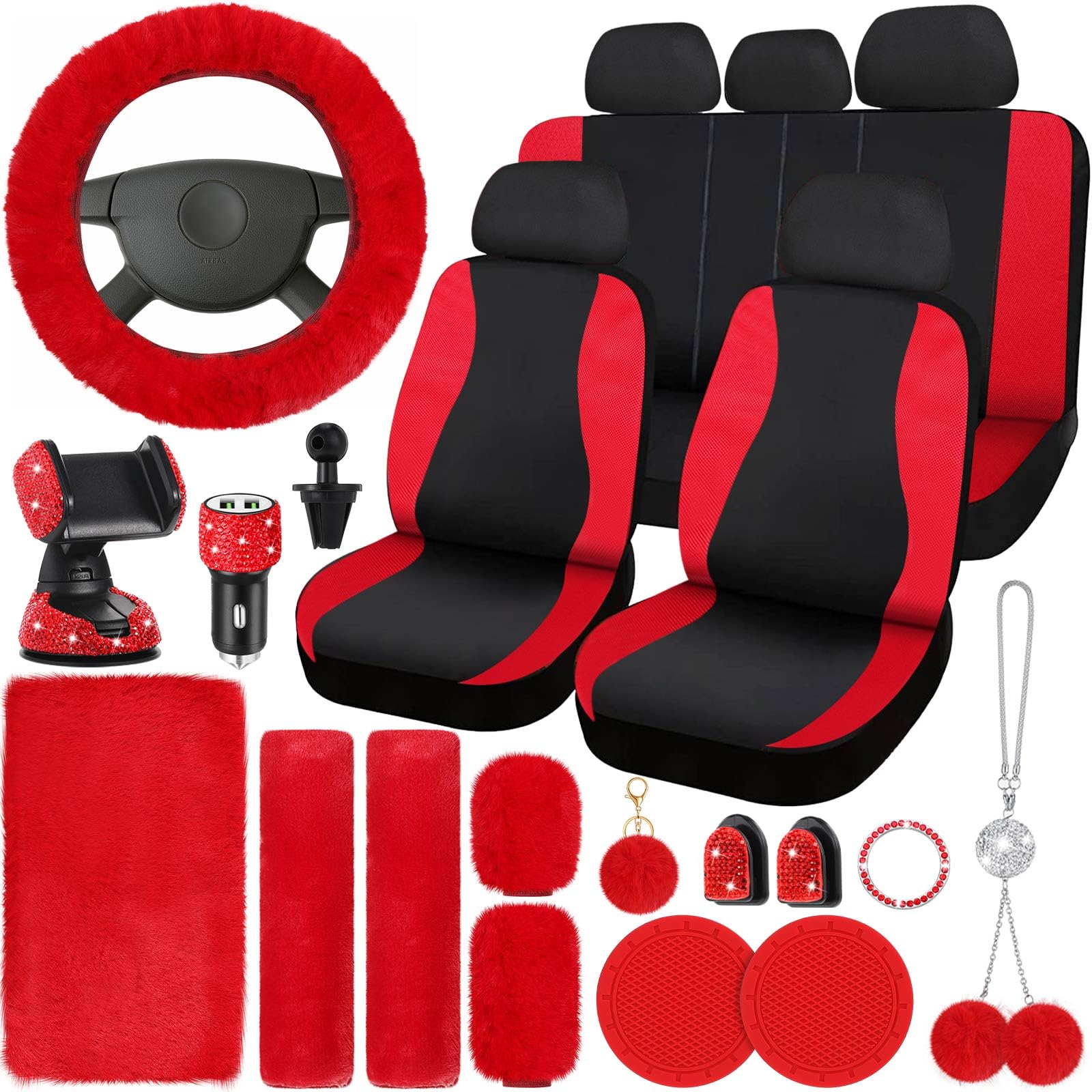 24 Pcs Red Car Seat Cover Full Set for Women
