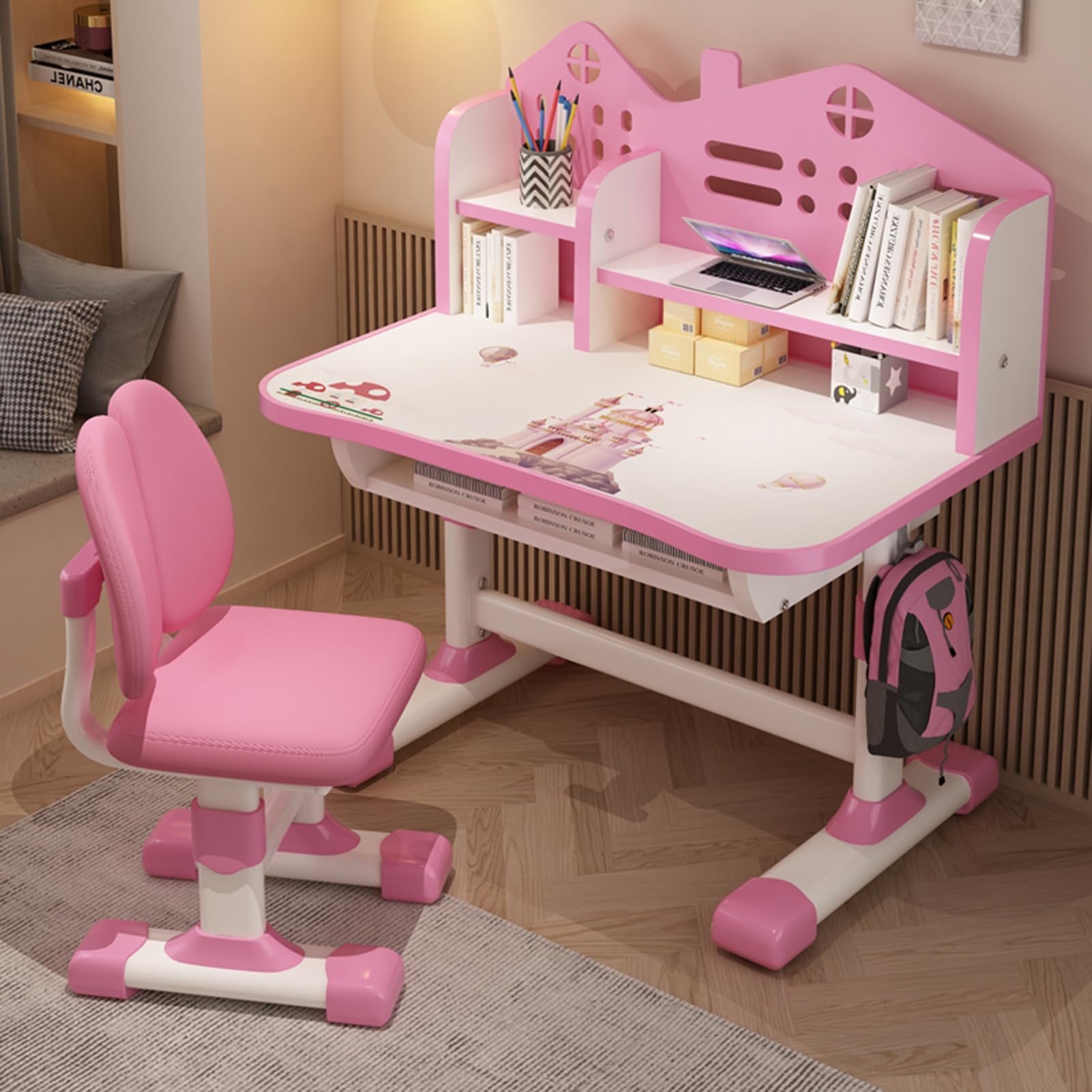 Kids Desk and Chair Set with Adjustable Height and Storage Drawer