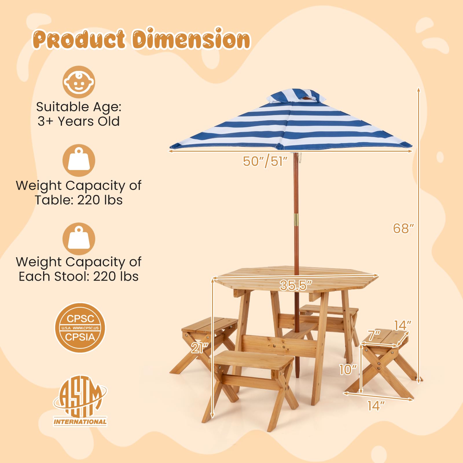 Kids Outdoor Picnic Table Set with Umbrella and 4 Stools