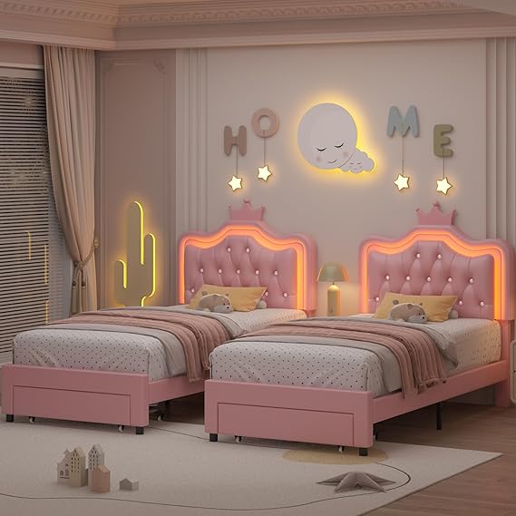 2 Set Twin Upholstered LED Bed Frame with Storage Drawer for Kid