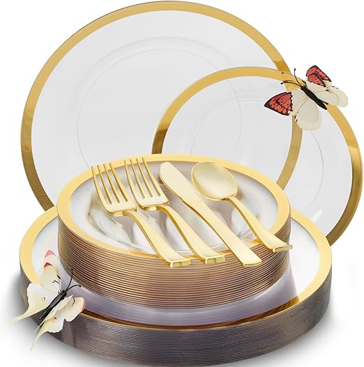 150 Pc Clear Rose Gold Party Plates and Utensils Set – Fancy Disposable