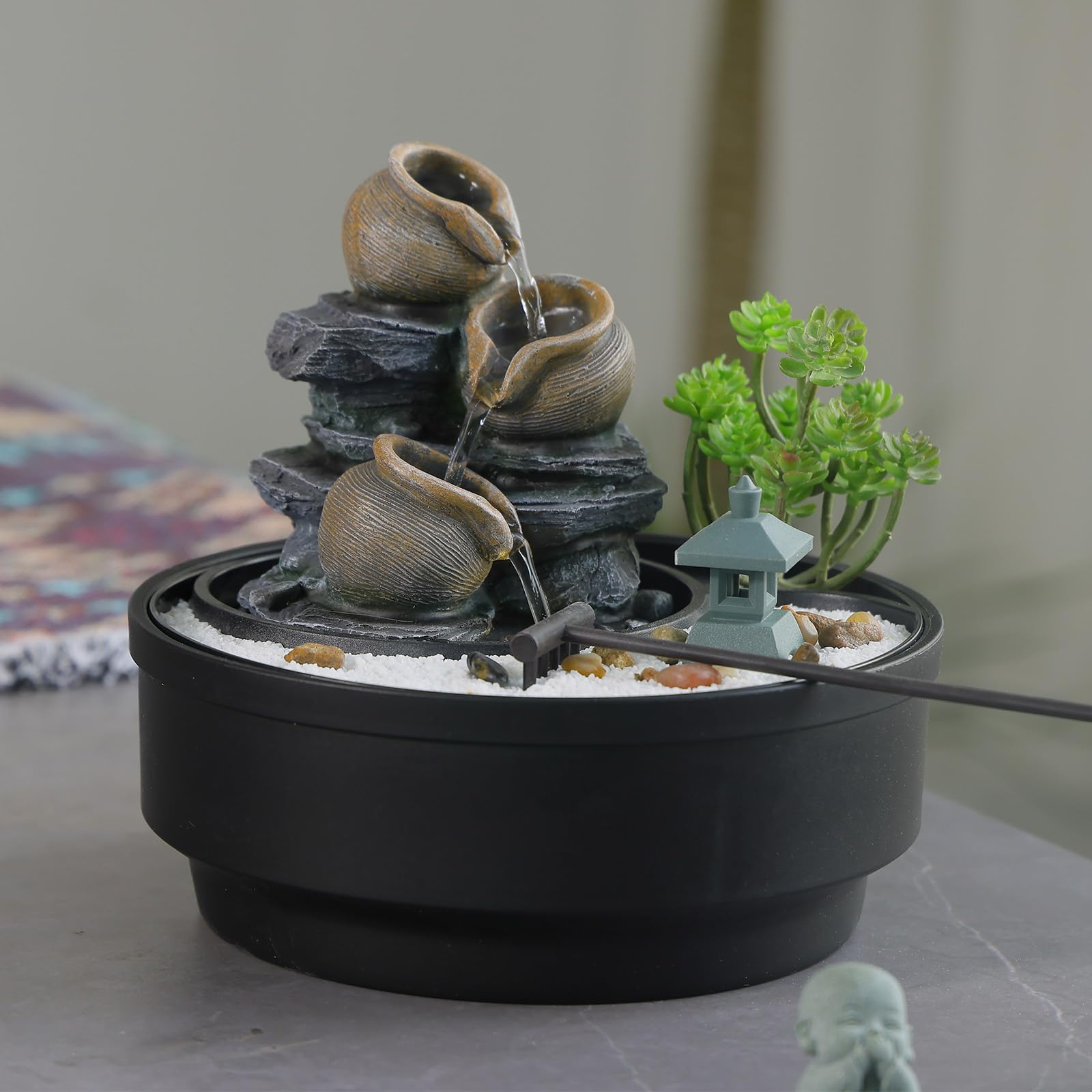 Tabletop Water Fountain with LED Lights and Pagoda Design