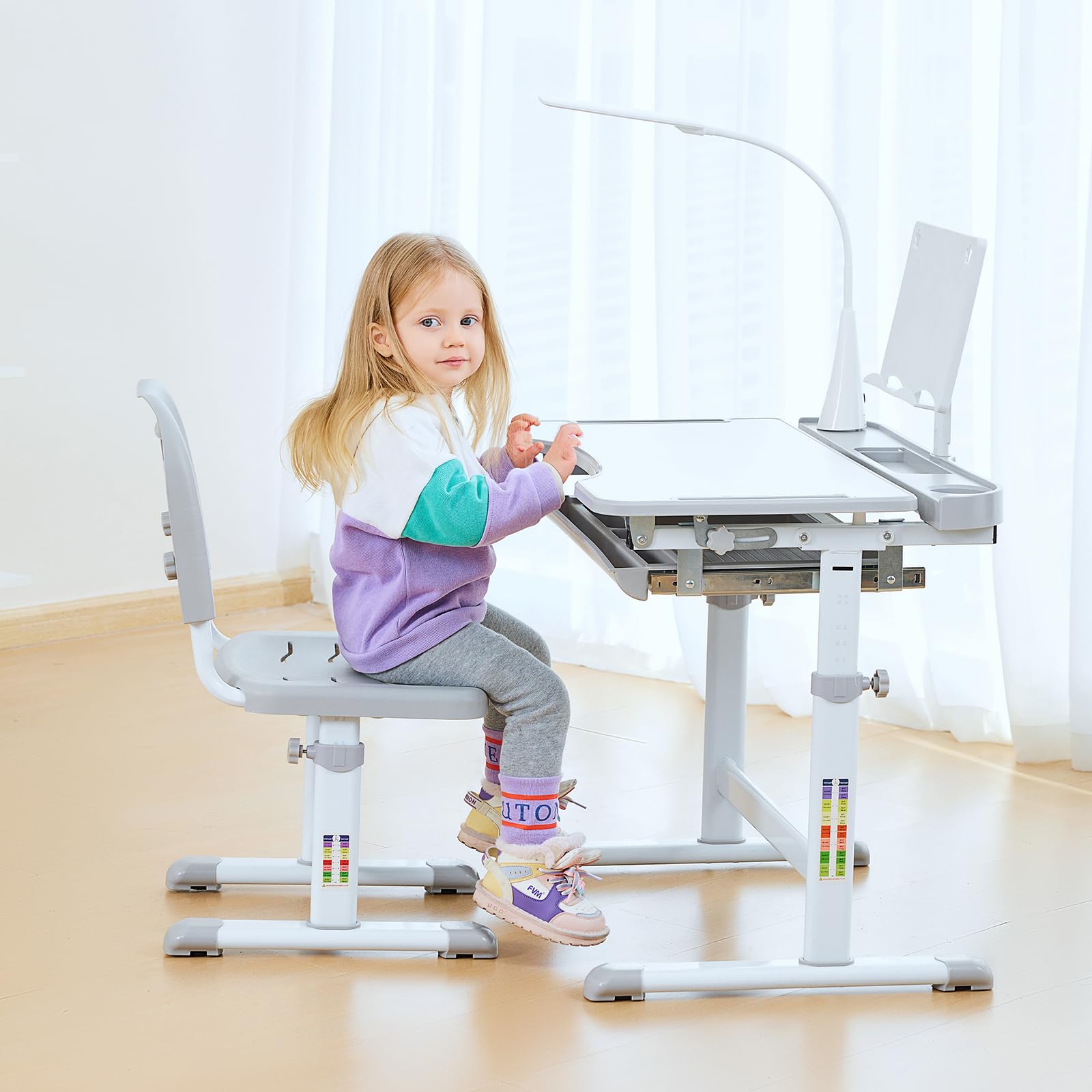 Kids Functional Desk and Chair Set, Ergonomic Height Adjustable
