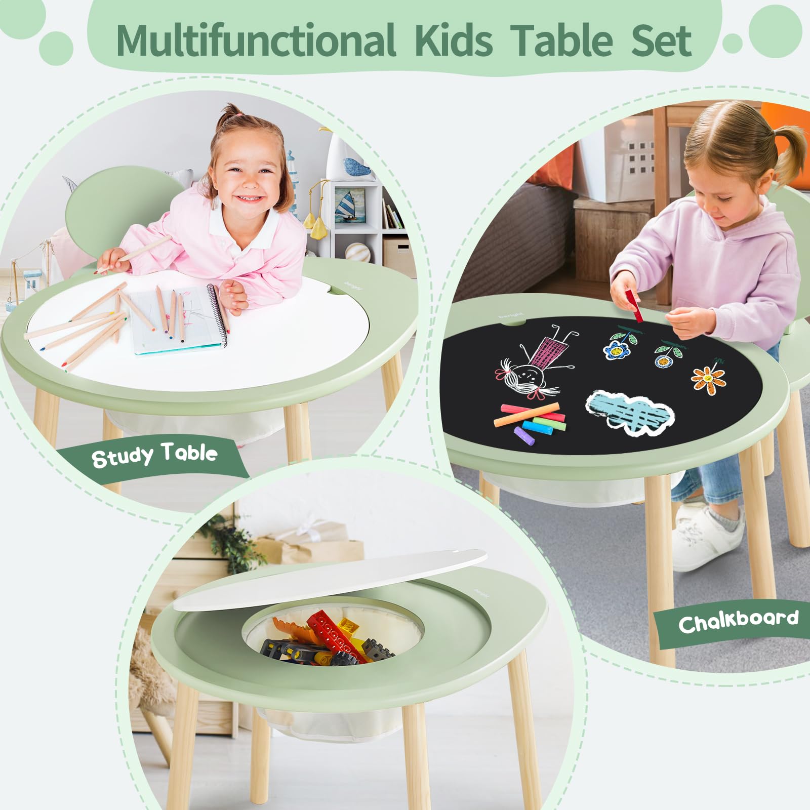 Kids Wooden Table and Chairs Set with Storage