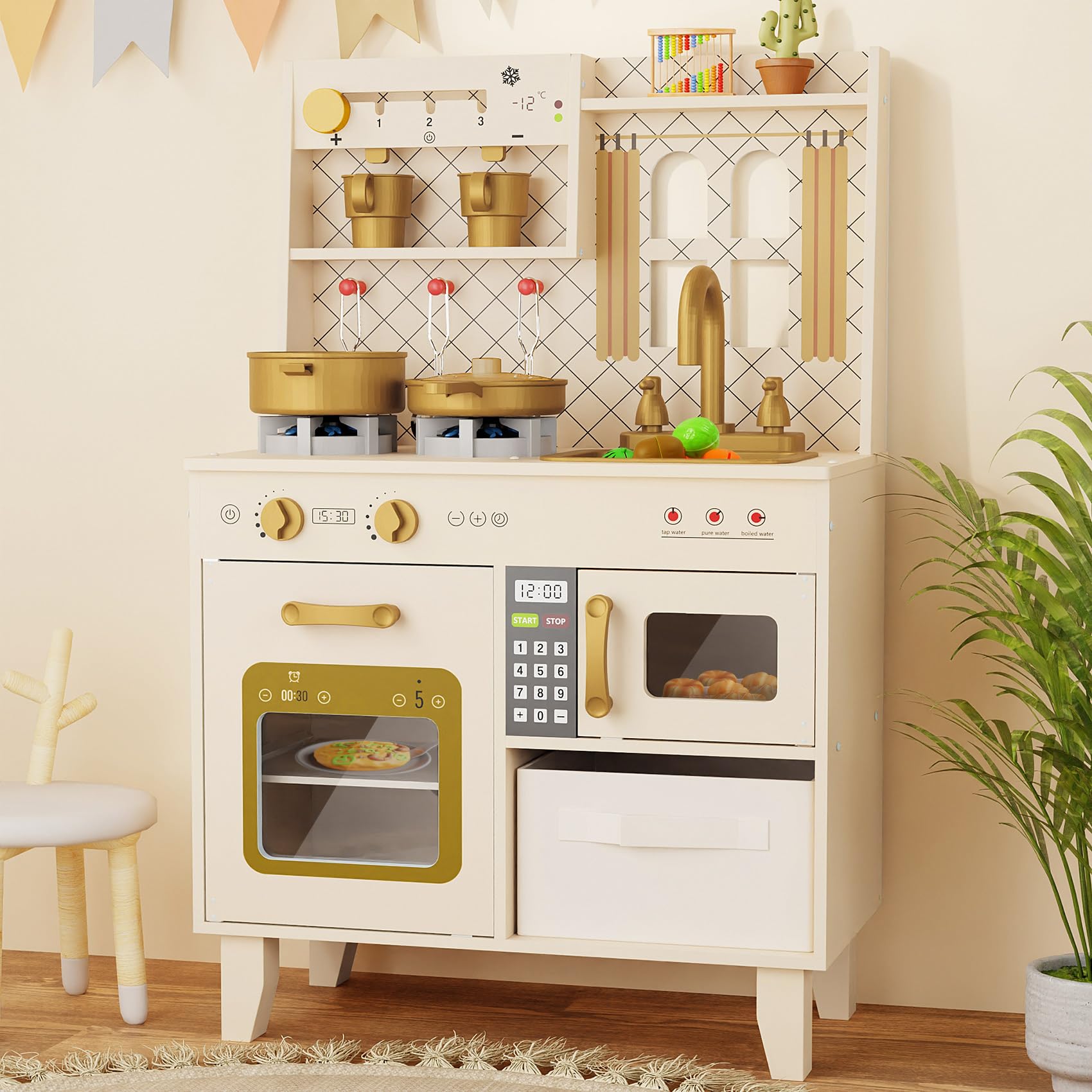 Play Kitchen with Realistic Lights & Sounds, Wooden Kitchen Playset Chef Pretend Play
