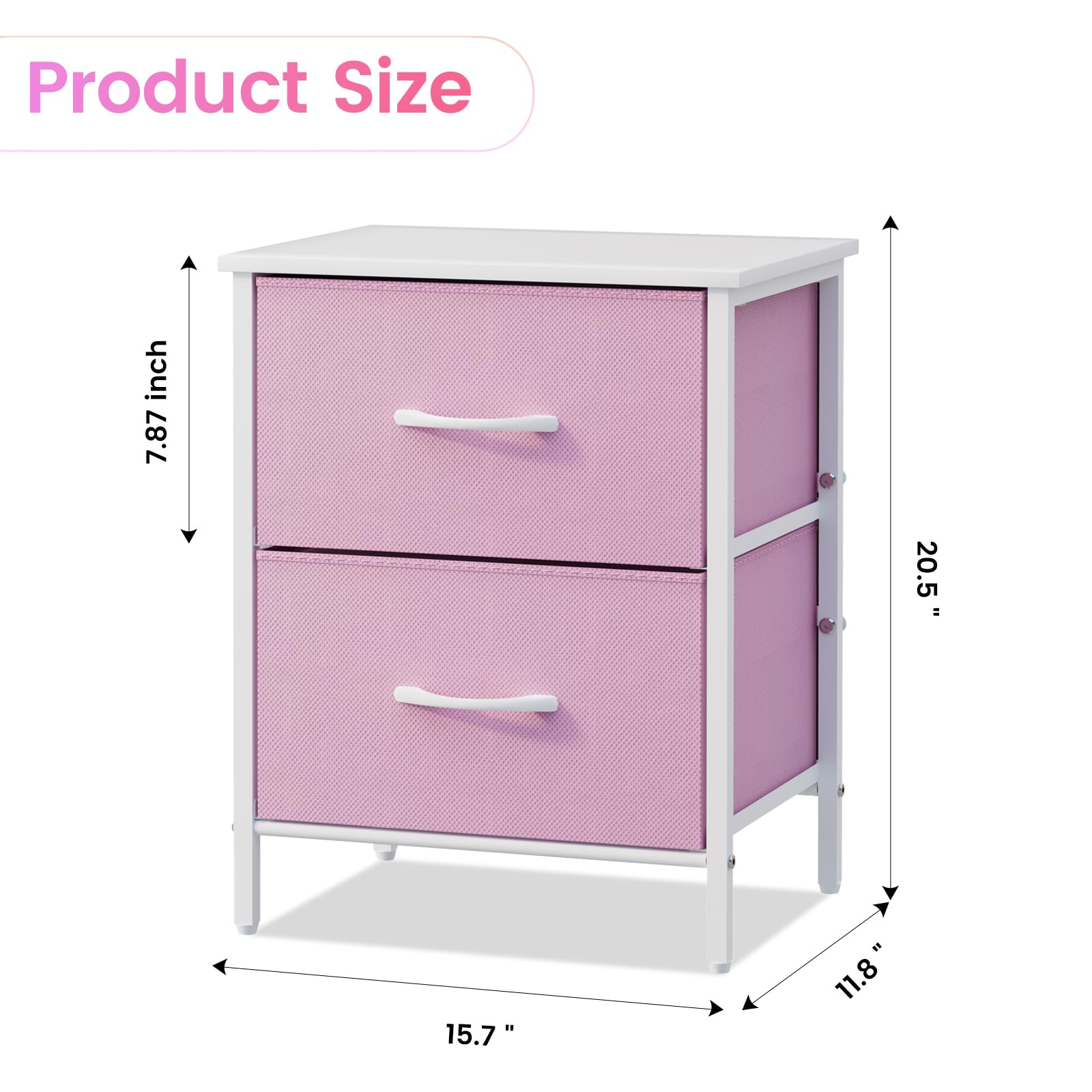 Stero Nightstand Set of 2, Kids Dresser with 2 Drawers, Steel Frame Bedside Furniture, Wood Top Fabric Night Stand, Colorful End Table for Home, Bedroom, Office, Pink