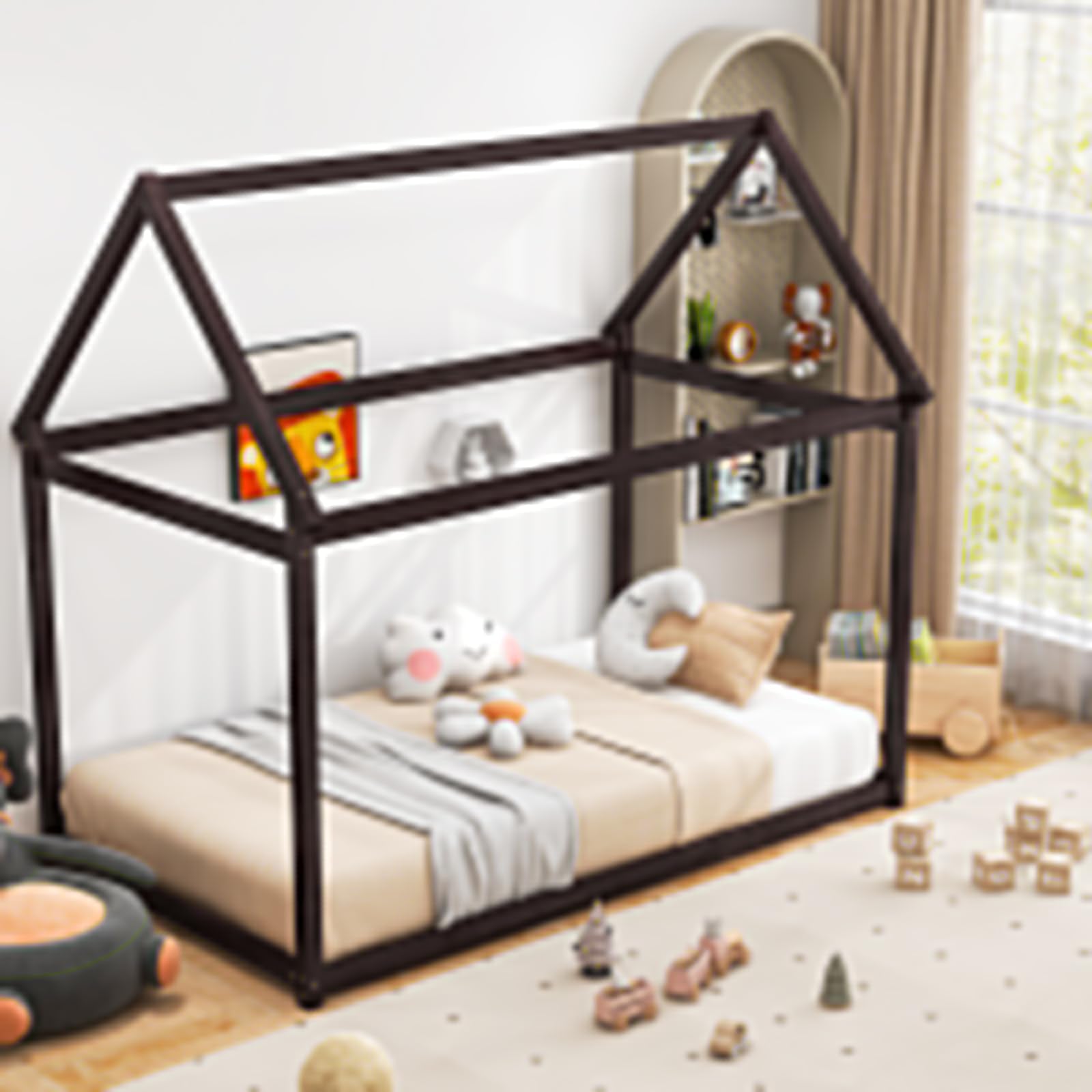 Twin House Bed Frame with Canopy for Kids