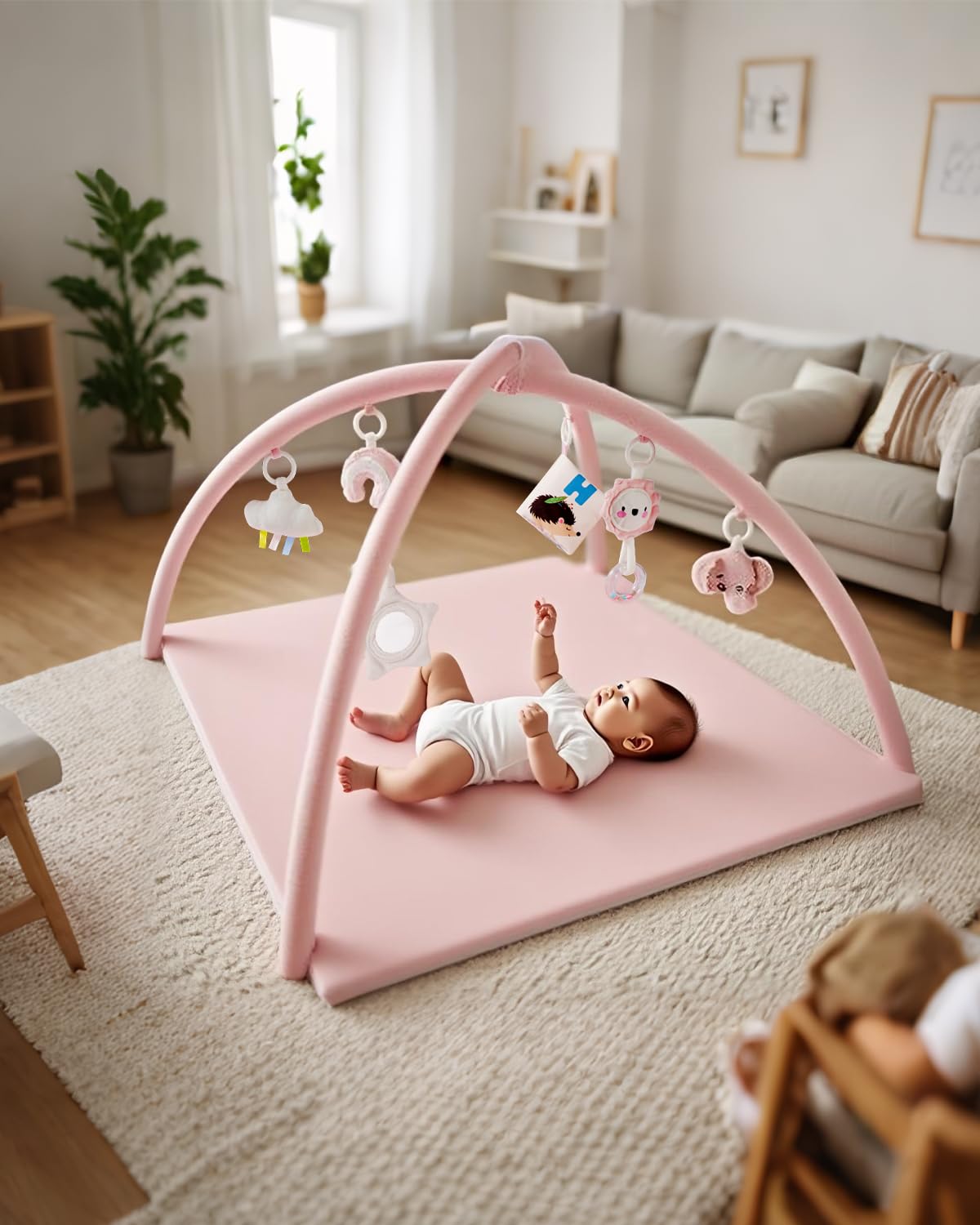 Baby Play Gym with Soft Foam Mat – Velvet Tummy Time Mat with 6 Sensory Toys