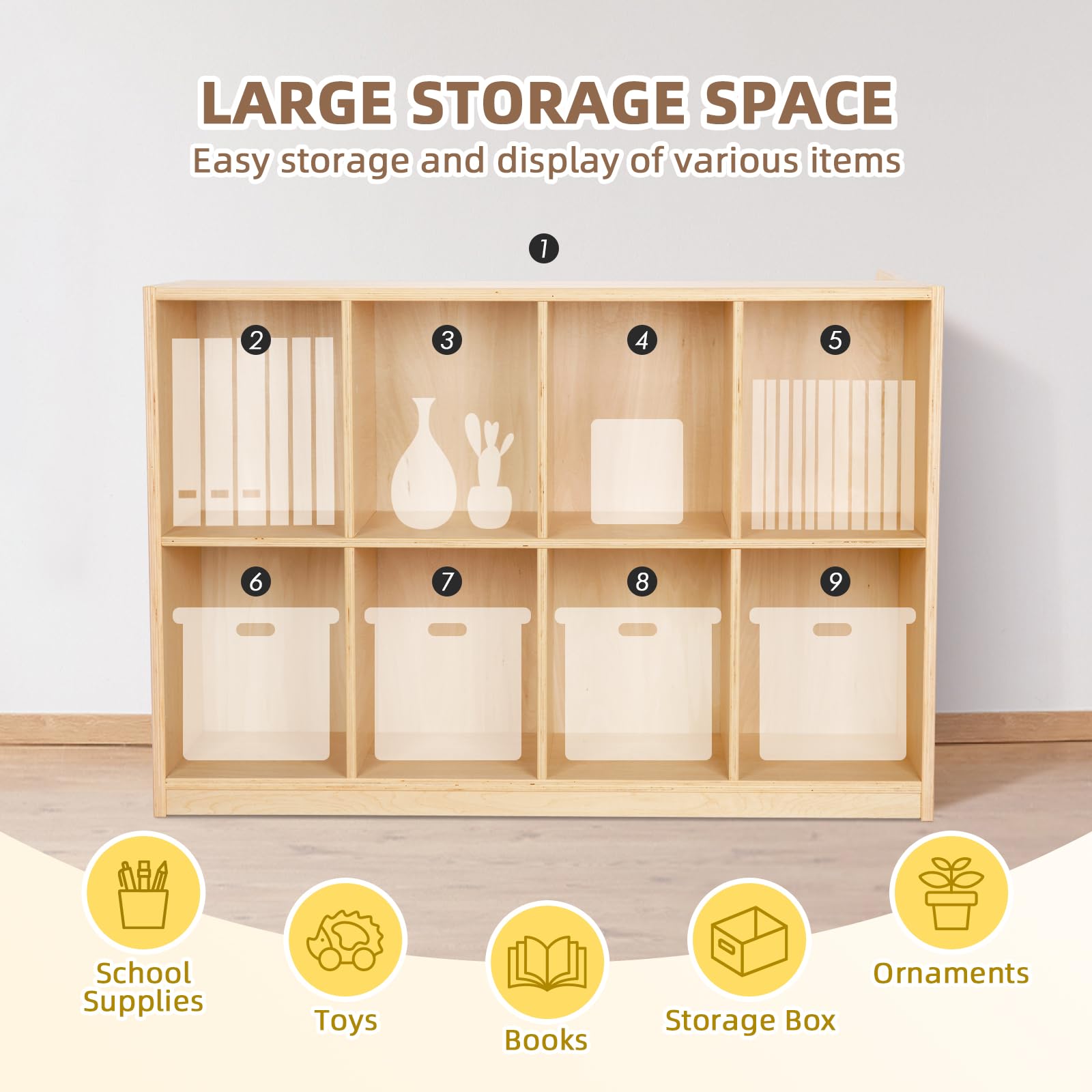 8-Compartment Wooden Storage Cabinet for Kids - Toy Organizer Bookshelf