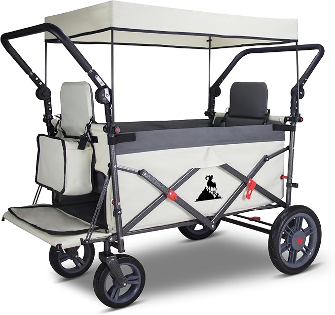 Foldable Wagon with Canopy - Collapsible Utility Cart with 2 Seats & Belt